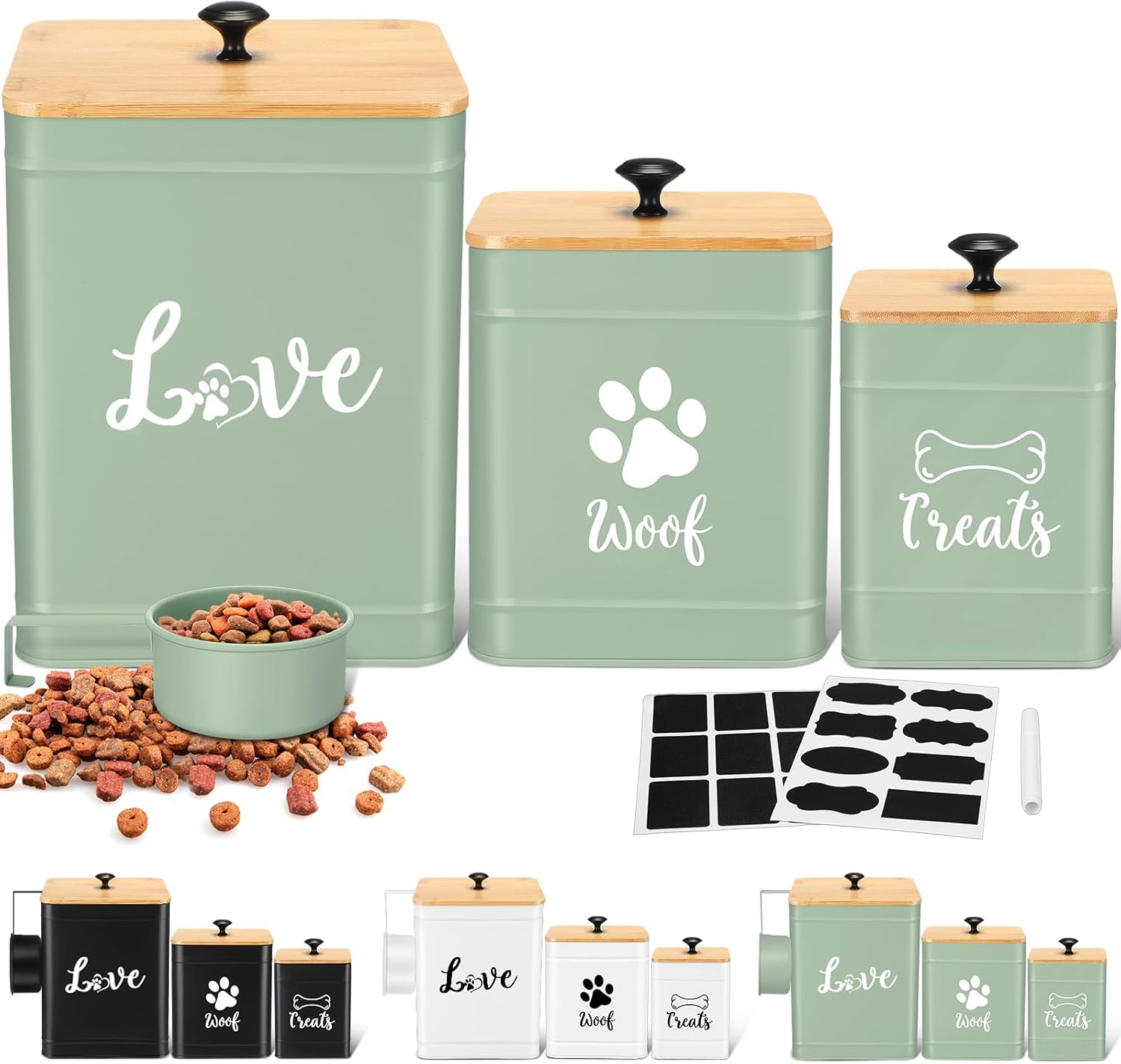 Metal Dog Treat Containers Set of 3 with Bamboo Lids and Spoon Airtight 7+3+2 lbs Dog Food Snack