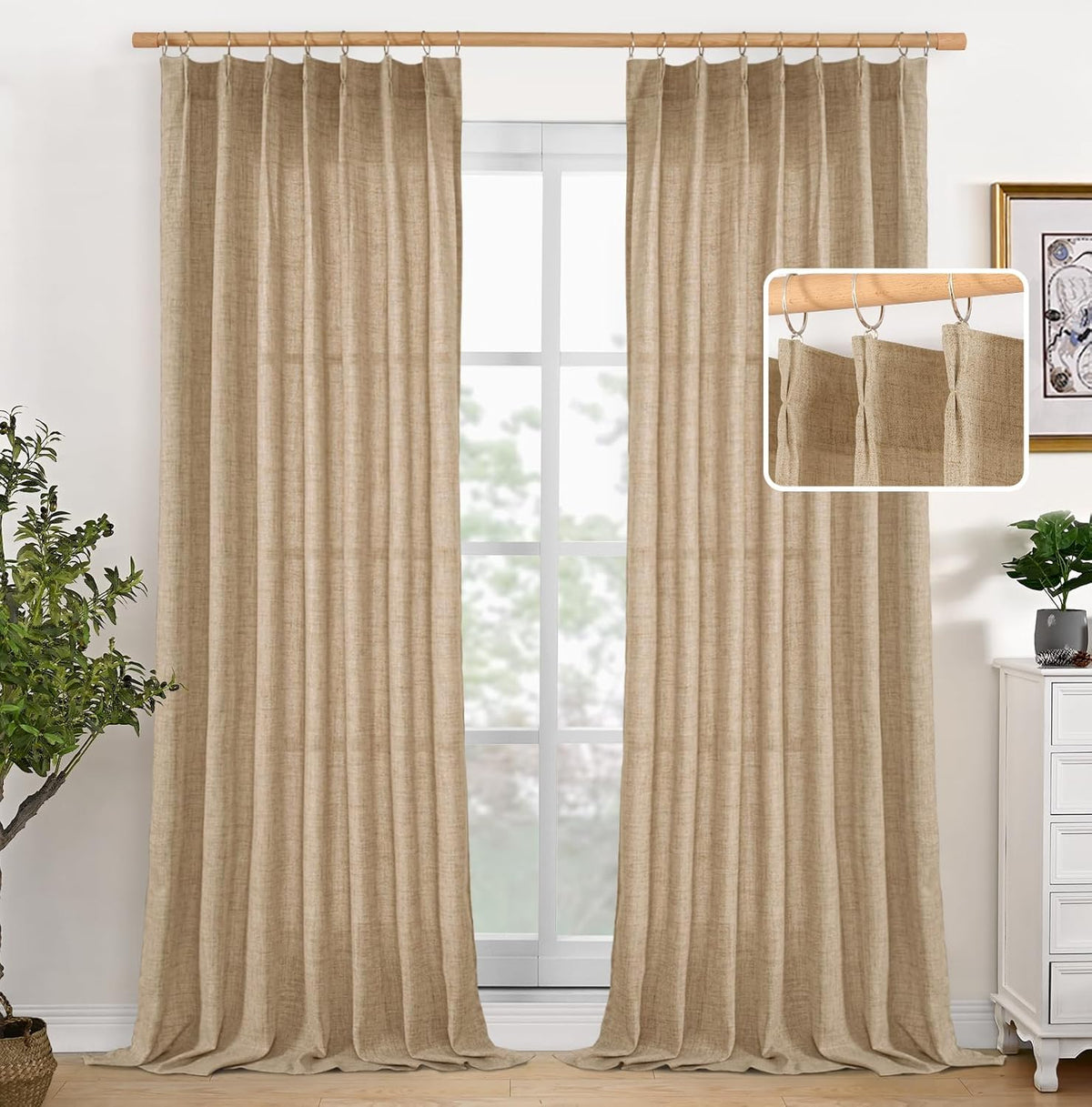 YoungsTex Toffee Linen Semi Sheer Curtains 95 Inch Length 2 Panels for Living Room, Bulap Light