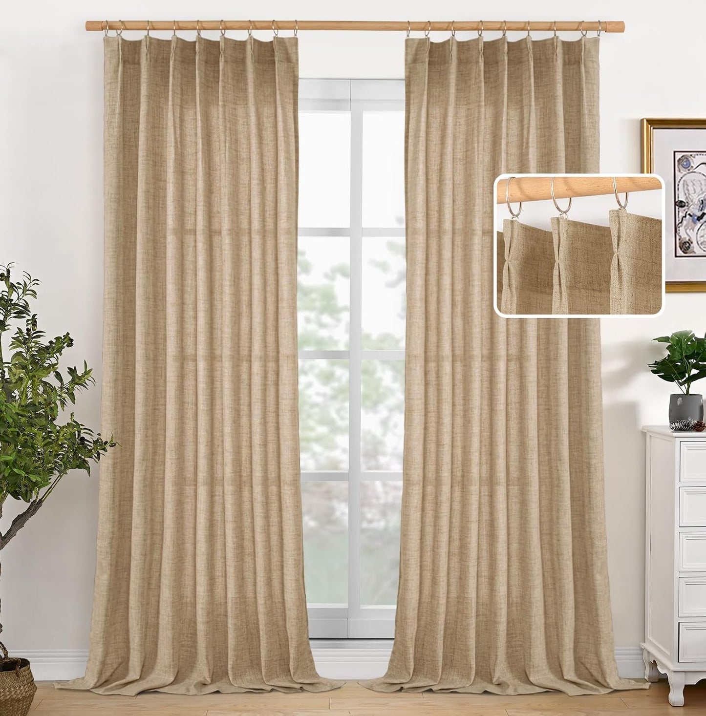 YoungsTex Burlap Linen Semi Sheer Curtains 84 Inch Length for Living Room, Toffee Light Filtering