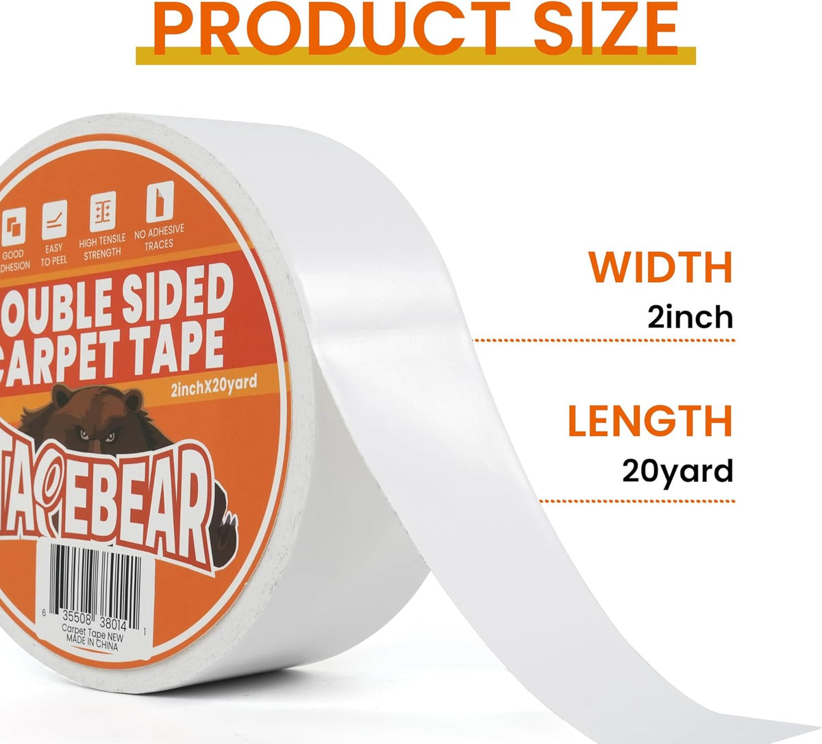 TAPEBEAR Double Sided Carpet Tape 2Inch x 20Yards, Heavy Duty Rug Tape Residue-Free Carpet Gripper