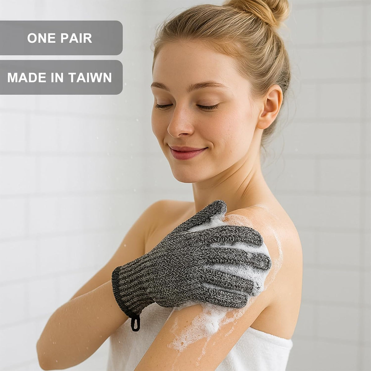 Exfoliating Gloves with Hanging Loop - 1 Pair Bamboo Charcoal Bath/Shower Gloves, Bath Gloves for