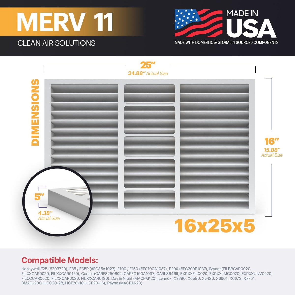 BNX TruFilter 16x25x5 (15.88’’ x 24.75’’ x 4.38‘’ Honeywell Compatible 4”) MERV 11 Air Filter