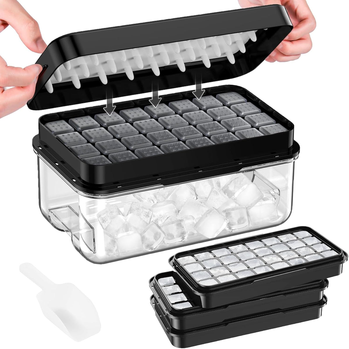 PHINOX Ice Cube Tray with Lid and Bin, 3 Pack Plastic Ice Cube Tray Molds, 96(4*8*3) pcs Ice Trays