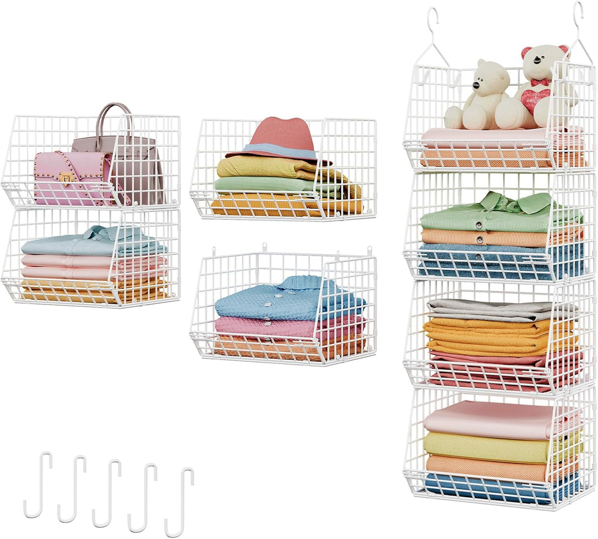 X-cosrack 4 Tier Closet Hanging Organizer, Foldable Closet Shelving with 2 Hanging Hooks 5 S Hooks