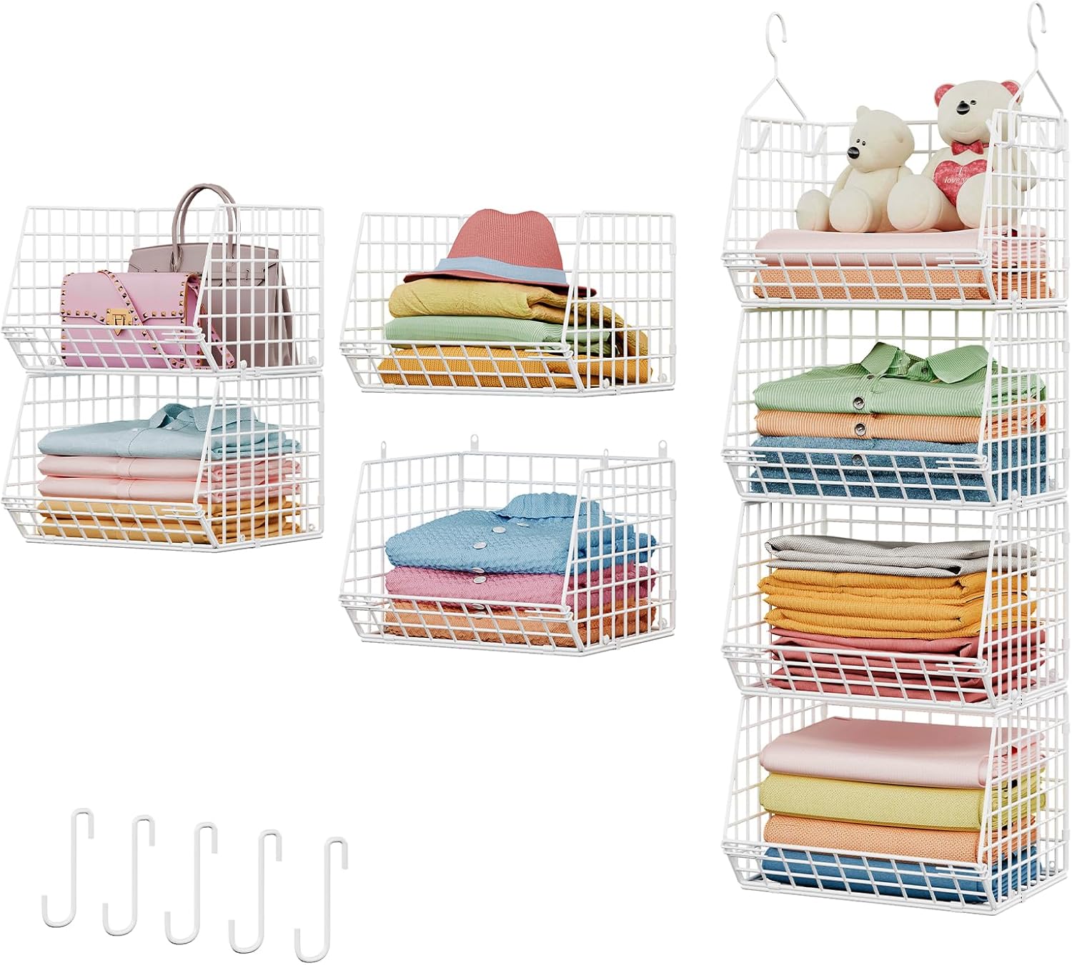 X-cosrack 4 Tier Closet Hanging Organizer, Foldable Closet Shelving with 2 Hanging Hooks 5 S Hooks