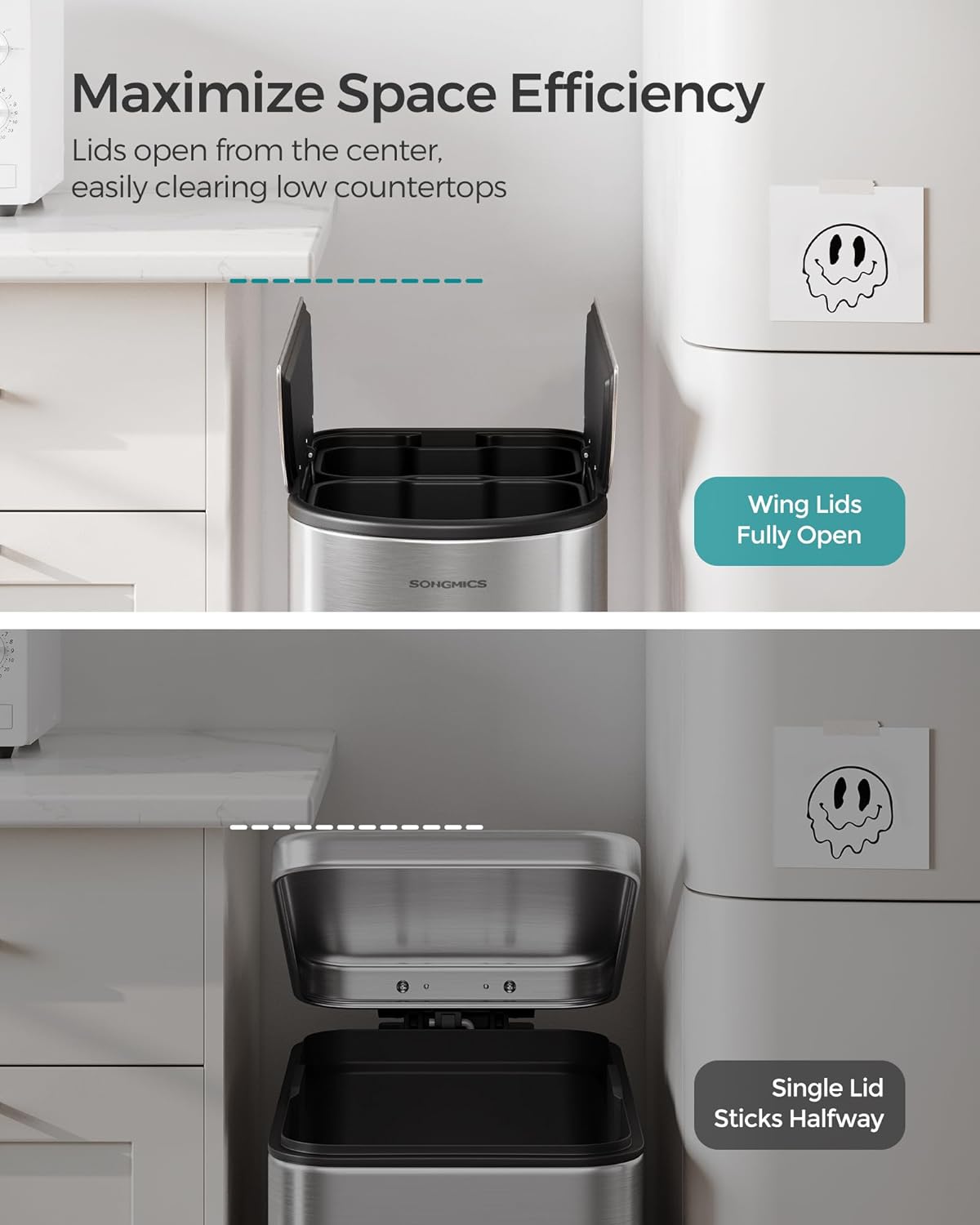SONGMICS 13-Gallon Dual Kitchen Trash Can, 5.3 and 8 Gallon Compartments, Garbage Can with Wing