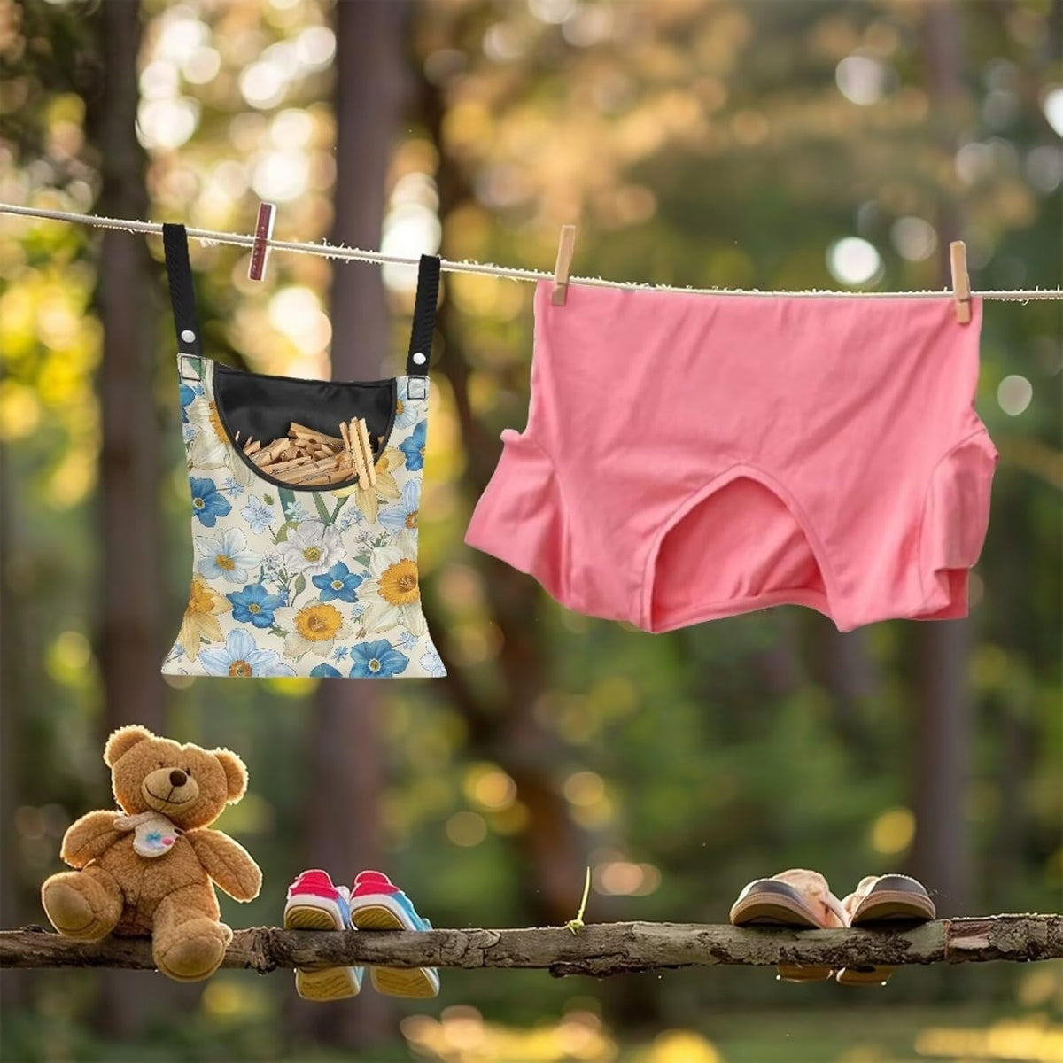 Floral Clothespin Bag with Hanging Rope Daffodil 14.5 x 12 Inch Summer Waterproof Laundry Clothes