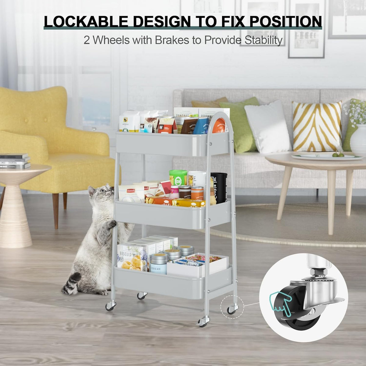 EAGMAK 3 Tier Utility Rolling Cart, Metal Storage Cart with Handle and Lockable Wheels