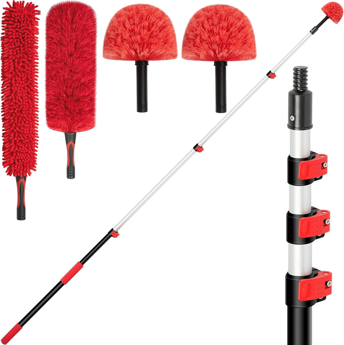 5-12 FT Extension Pole with 2 Outdoor Cobweb Brushes, 20 FT High Reach Ceiling Fan Cleaner Duster