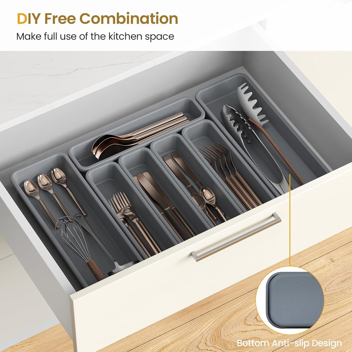 7 Pack Silicone Silverware Drawer Organizer, DIY Free Combination Kitchen Drawer Organizer, Utensil