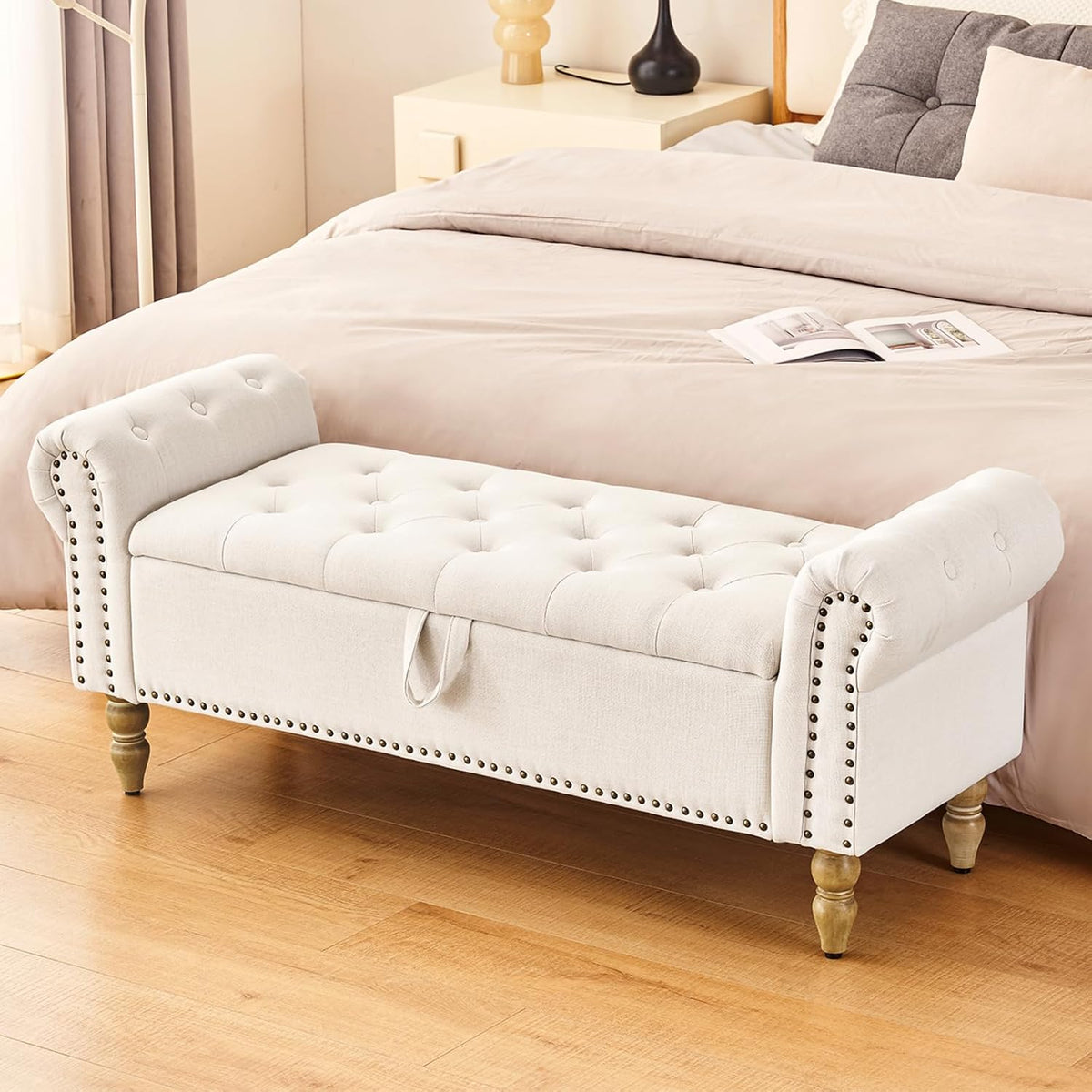 Furnimart Storage Bedroom Bench for End of Bed, Faux Linen Upholstered Storage Ottoman with Rolled