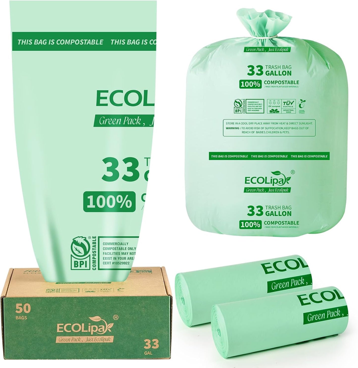 ECOLipak 33 Gallon Compostable Trash Garbage Bags, 50 Count (2 Rolls) Biodegradable Heavy Duty