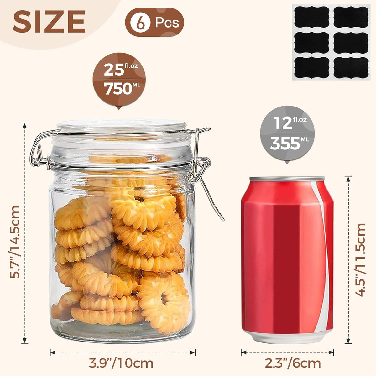 ComSaf Airtight Glass Canister with Lid Set of 6, 25oz Food Storage Jar, Mason Jars, Storage