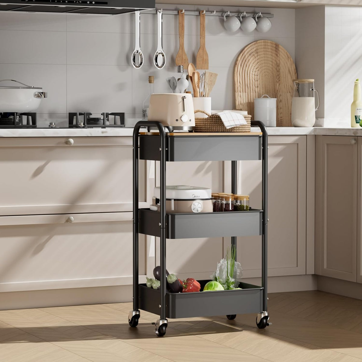 3 Tier Rolling Cart with Table top, Metal Utility Cart, Sturdy Storage Organizer Cart with Locking