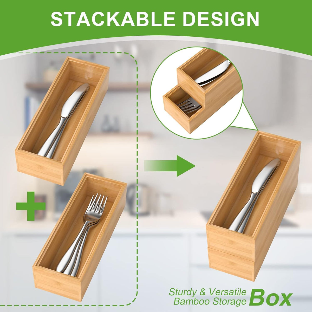 Bamboo Drawer Organizer – Set of 2 Stackable Storage Boxes, Silverware Tray & Small Gadget Holder