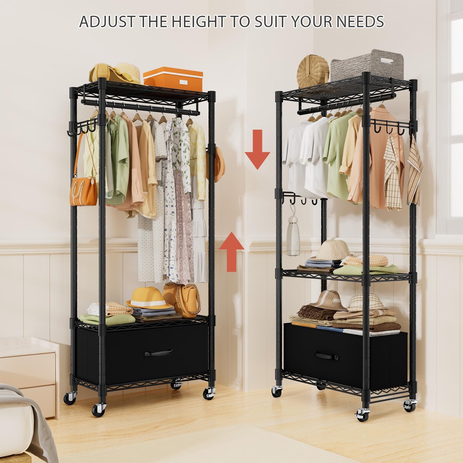 Clothes Rack, Clothing Rack for Hanging Clothes, 3 Tiers Adjustable Closet Organizer System with