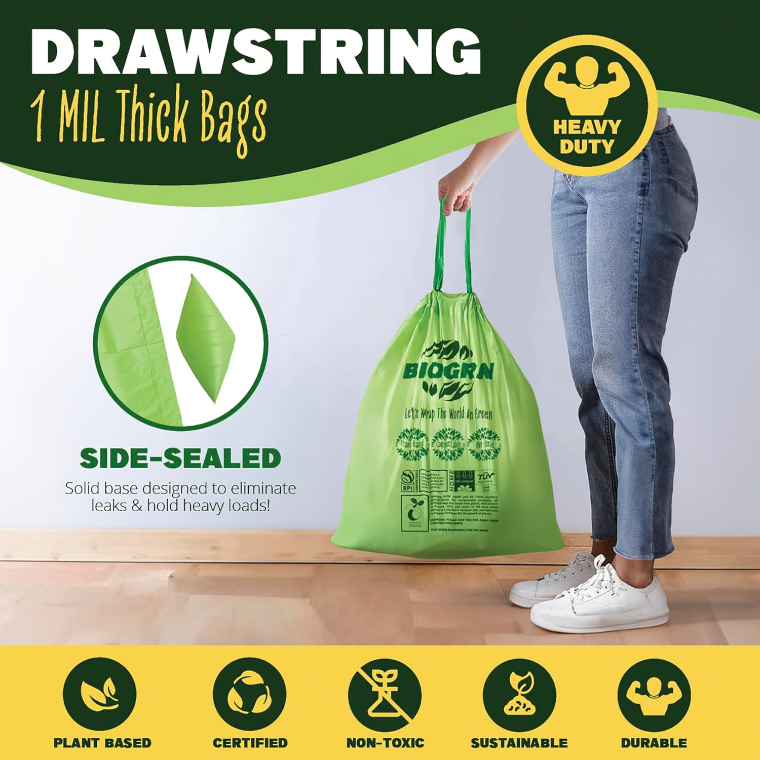 10-13 Gallon Compostable Trash Bags Drawstring 30 Bags Heavy Duty Extra Thick 1 Mil 49.21 Liter