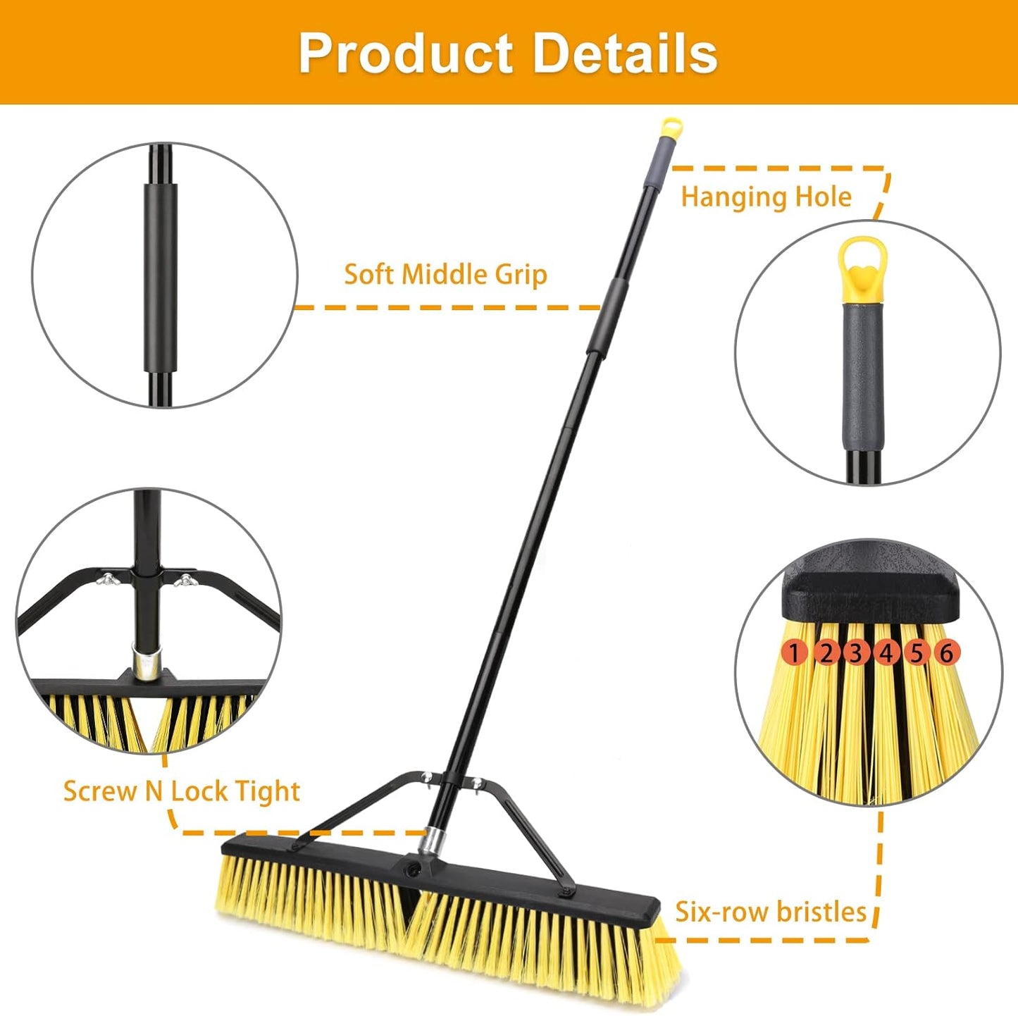 24 Inches Push Broom Outdoor Heavy Duty Broom with 63" Long Handle for Deck Driveway Garage Yard