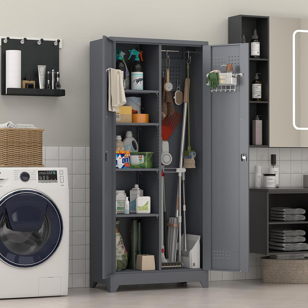Metal Tool Storage Cabinet, Broom Closet with Hooks, 72.8" Tall Garage Cabinet with Shelves