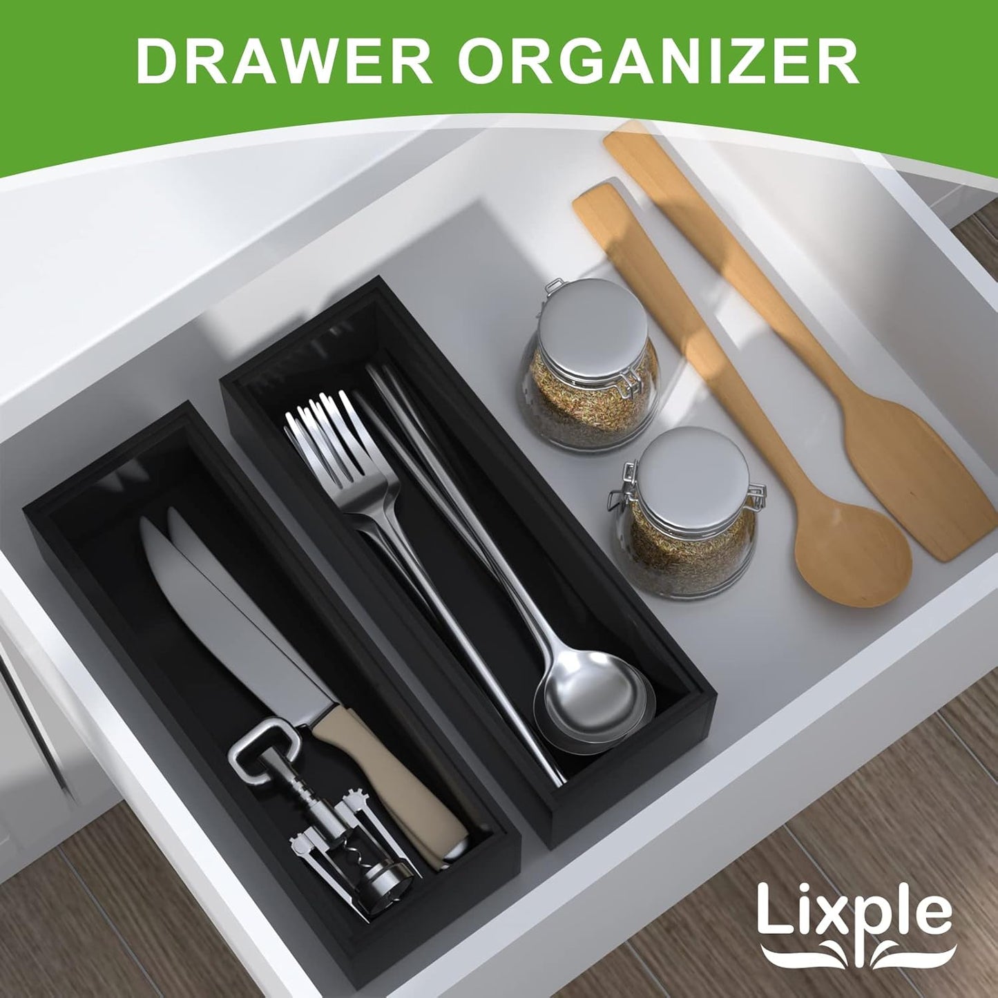 Premium Bamboo Kitchen Drawer Organizer - Set of 2, Stackable Utensils Holder, Storage Box Tray for