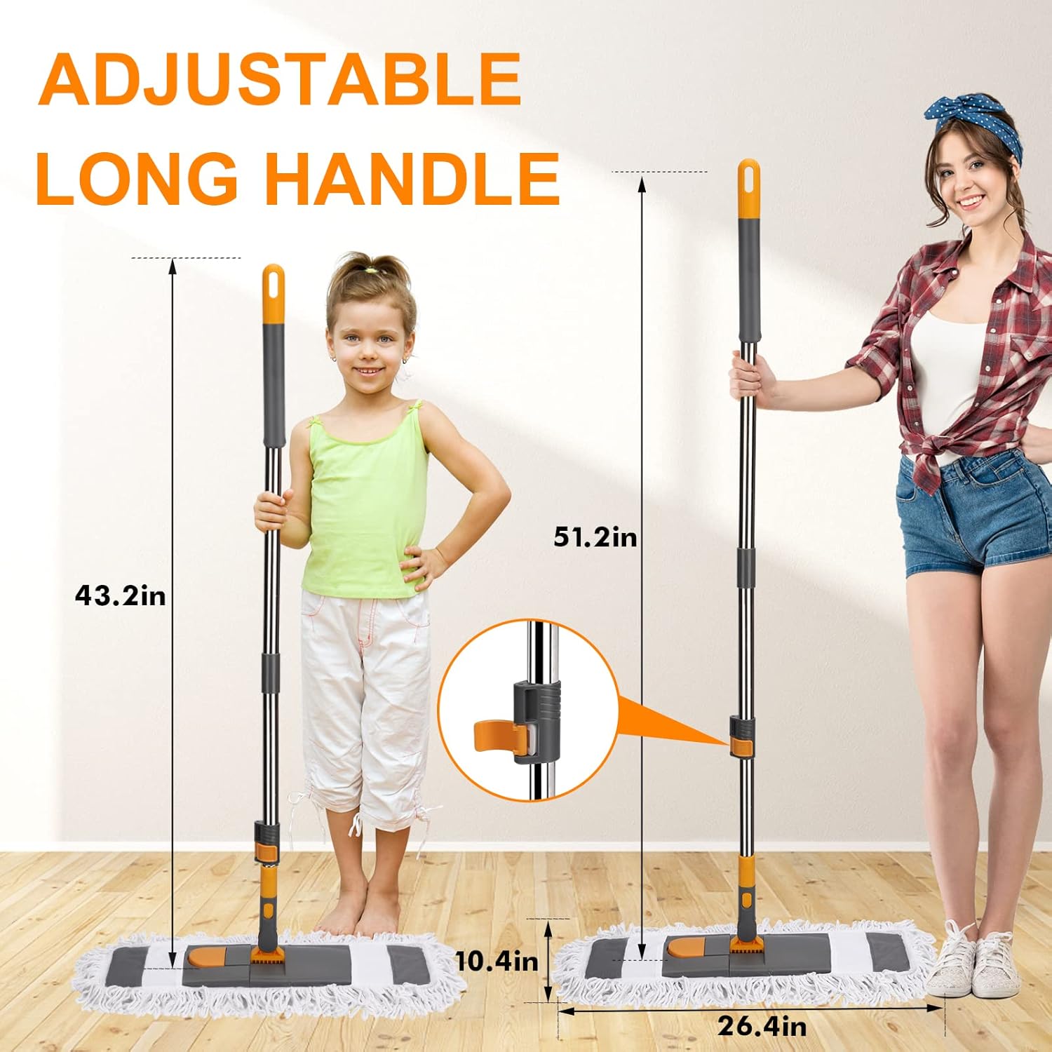 MASTERTOP Dust Mop for Floor Cleaning, Microfiber Floor Mop with 2 Washable Pads, Height Adjustable