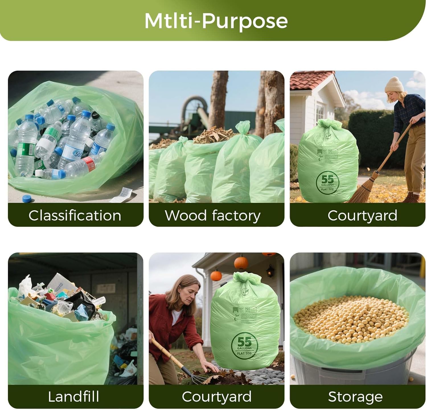 50-55 Gallon Compostable Trash Bags with Flat-Top, Heavy Duty Extra Thick 1.57 Mil, 208.2 Liter, 12