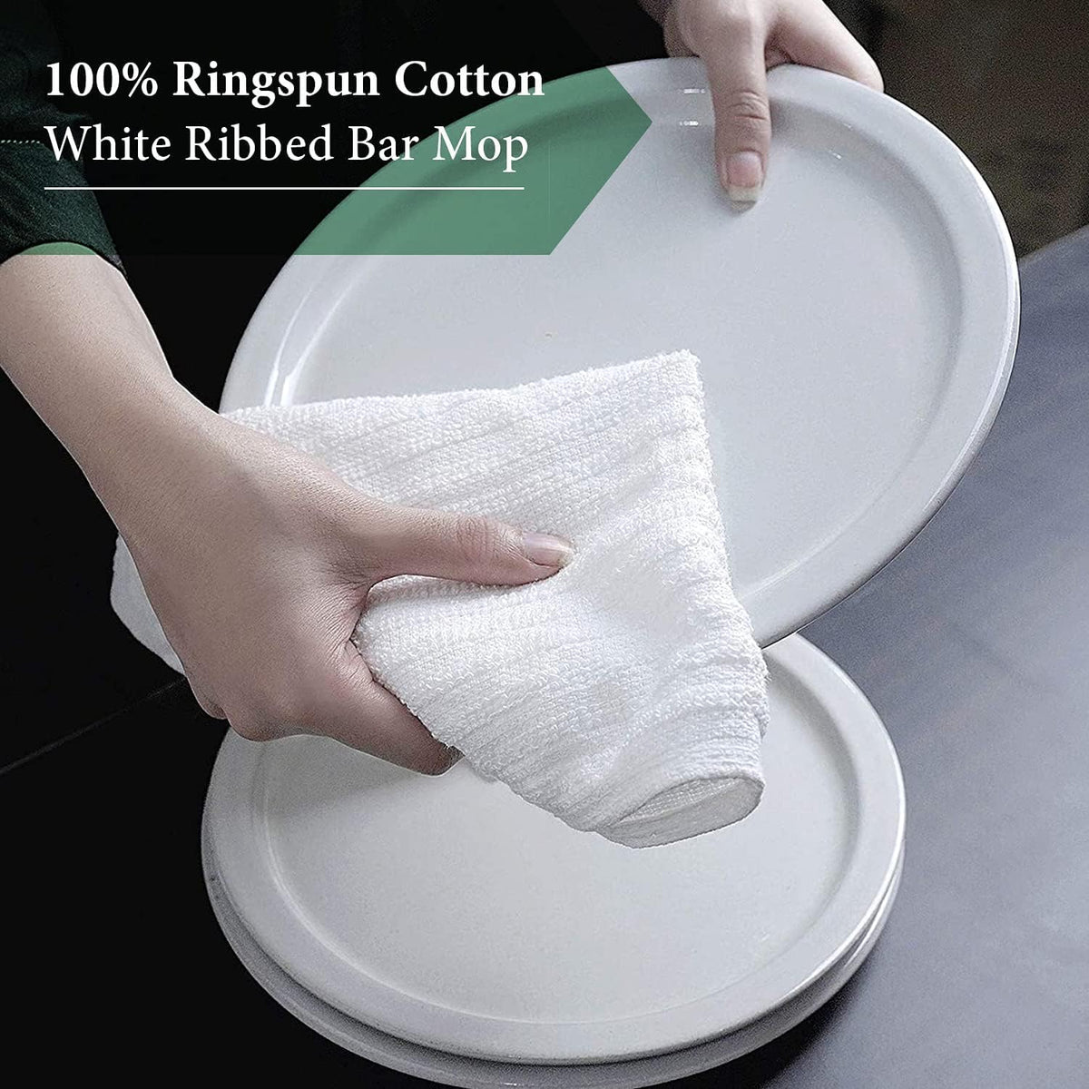 Bar Mop White Ribbed 16x19 Pack of 24, 100% Cotton Absorbent Kitchen Towel Dish Towels and