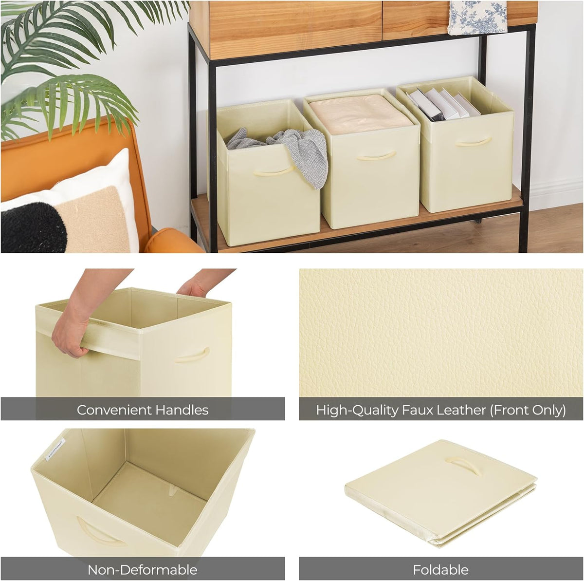 StorageWorks Beige Storage Cubes, 11 Inch Cube Storage Bins with Handle, Cube Storage Organizer