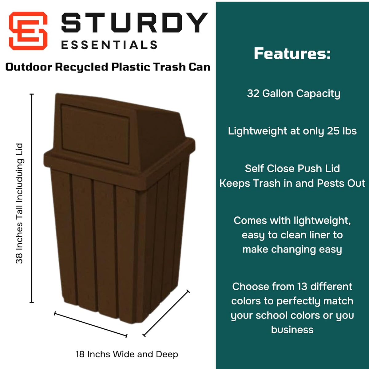 32 Gallon Square Slatted 100% Recycled Plastic Heavy-Duty Commercial Outdoor or Indoor Trash Can
