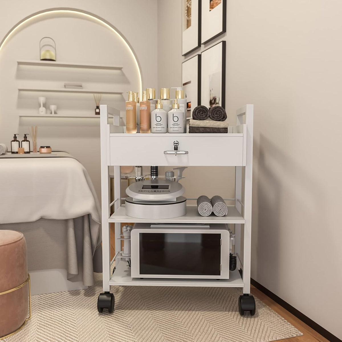 Paddie Salon Trolley Cart, Wooden Mobile Utility Cabinet Lab Cart with 1 Drawer 2 Trays, Rolling