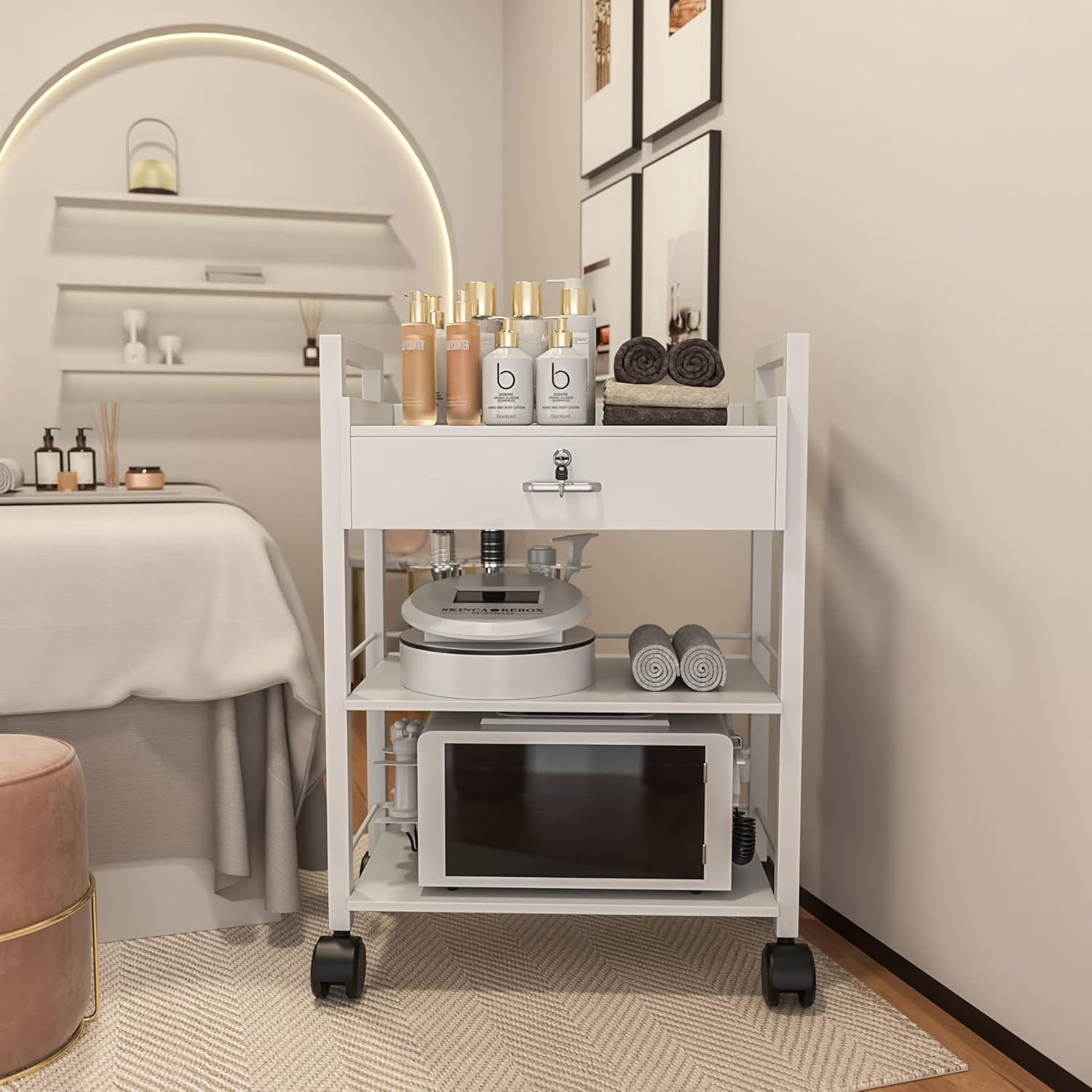 Paddie Salon Trolley Cart, Wooden Mobile Utility Cabinet Lab Cart with 1 Drawer 2 Trays, Rolling