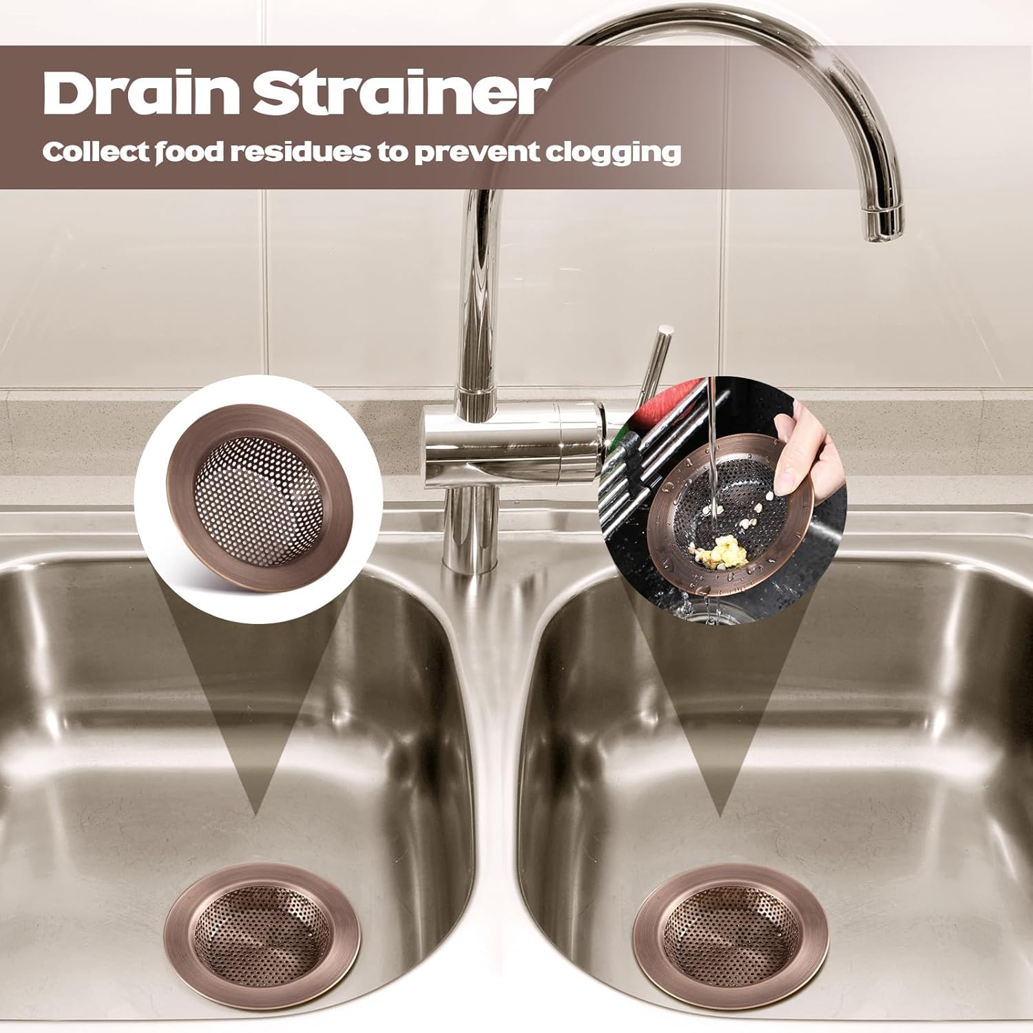 Retisee 2 Pcs Sink Strainer Stainless Steel Kitchen Sink Drain Strainer Basket Cover Mesh Hair Food