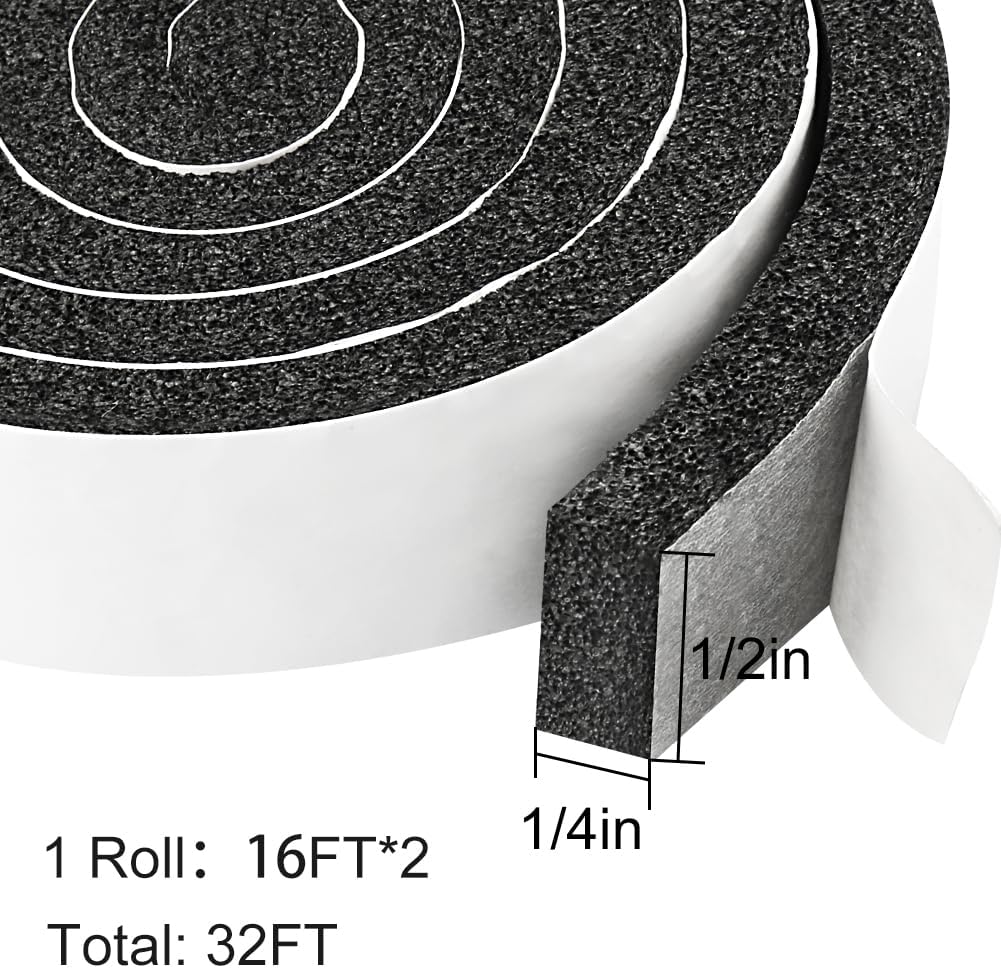 2 Rolls 1/2 Inch W 1/4 T Weather Stripping Air Conditioner Open Cell Foam Seal Tape, Window