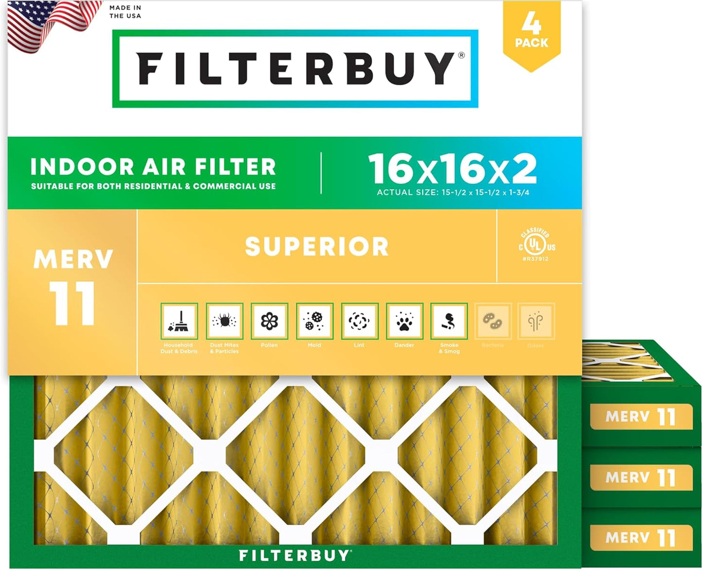 Filterbuy 16x16x2 Air Filter MERV 11 (MPR 1200) Allergen Defense Replacement (4-Pack)