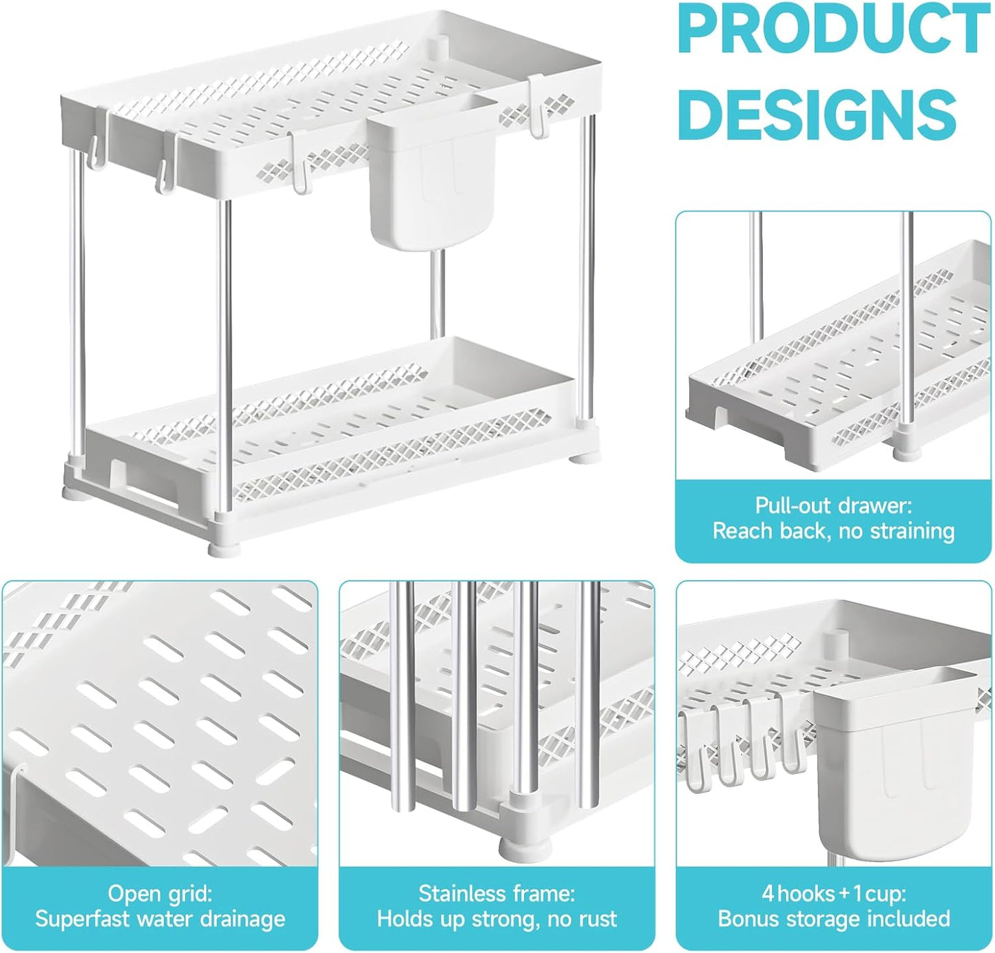 Under Sink Organizer, 2 Tier Pull Out Cabinet Organizer with Hooks Hanging Cup, Easy Installation &