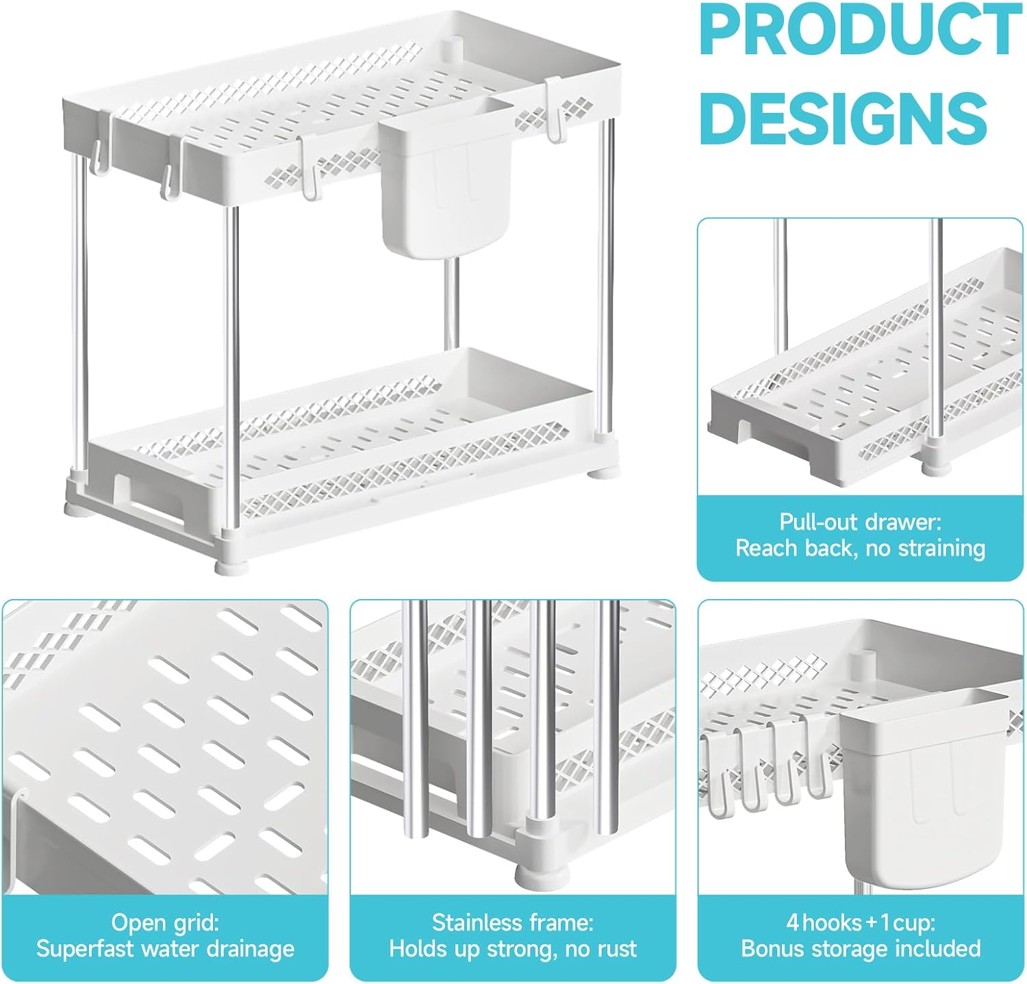 Under Sink Organizer, 2 Tier Pull Out Cabinet Organizer with Hooks Hanging Cup, Easy Installation &