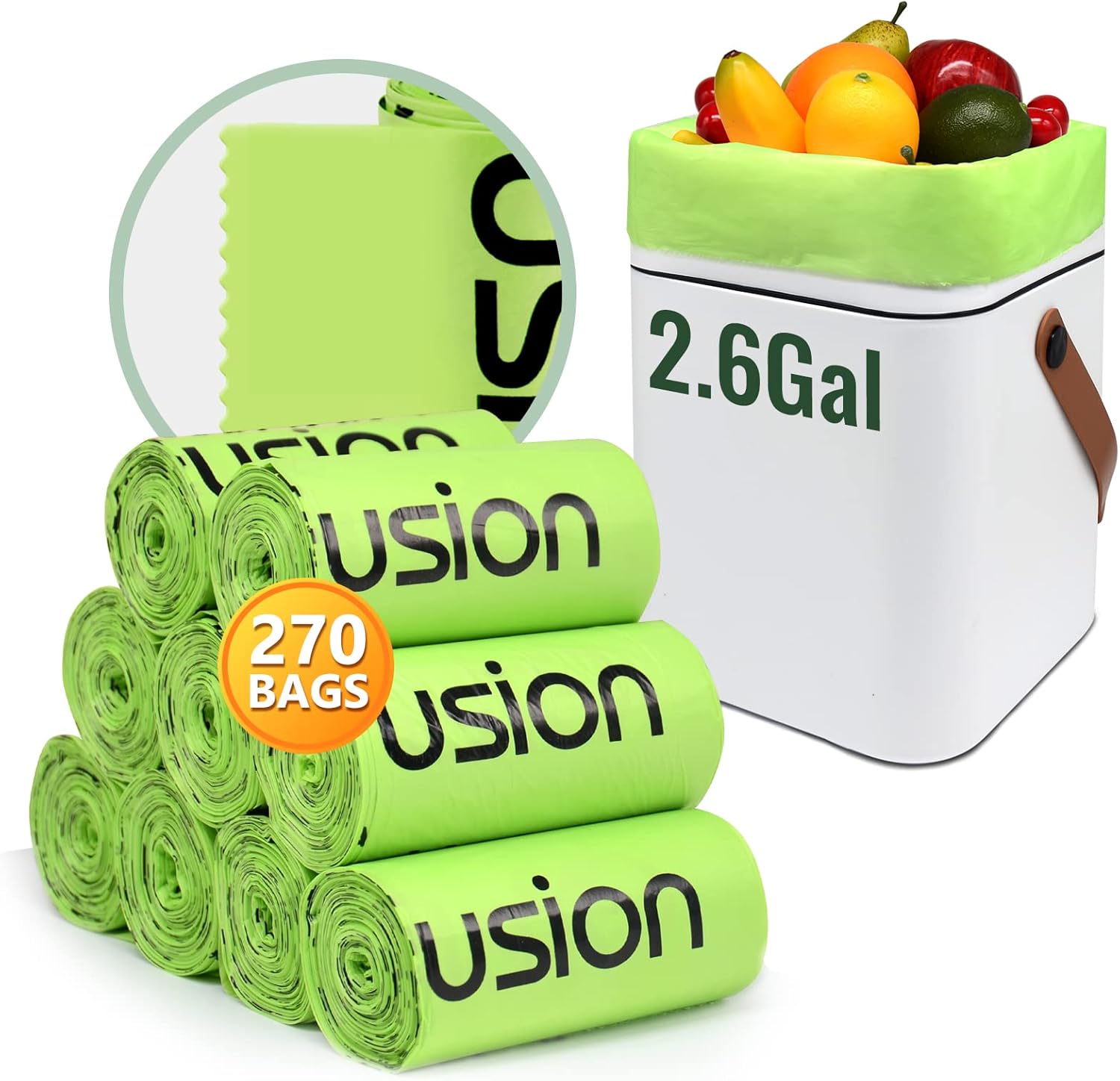 GreFusion Compostable Trash Bags, Small 2.6 Gallon, 270 Count, 0.72 Mils Thick, Eco Friendly, ASTM