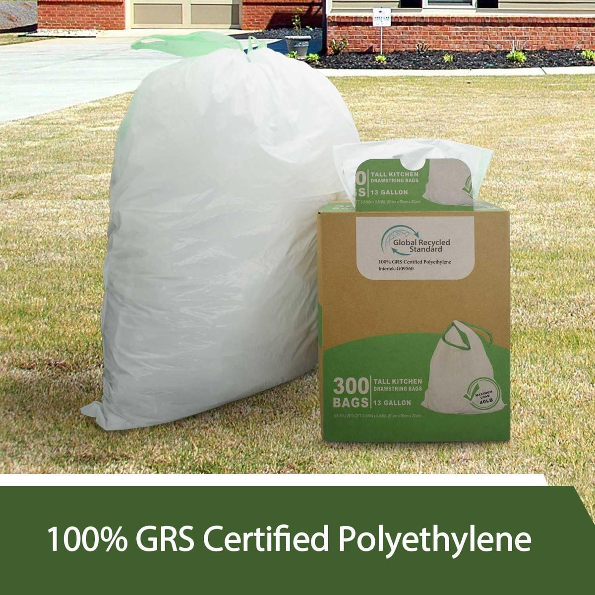 TYPLASTICS 300 Count 13 Gallon Tall Kitchen Drawstring Trash Bags, GRS Compliant, Eco-Friendly