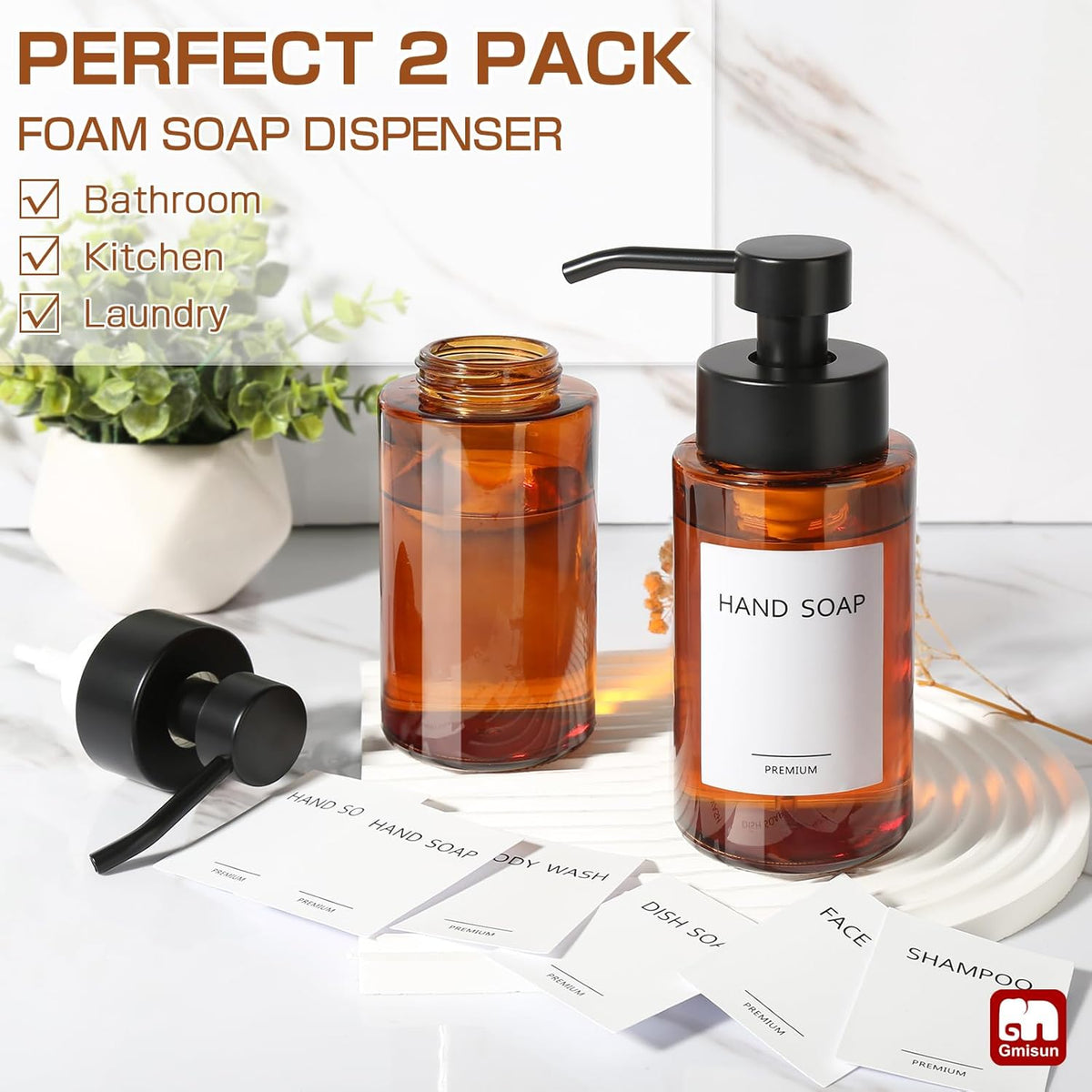 GMISUN Glass Foaming Soap Dispenser, 10 Fl oz / 300ml Amber Glass Soap Dispenser for Bathroom &