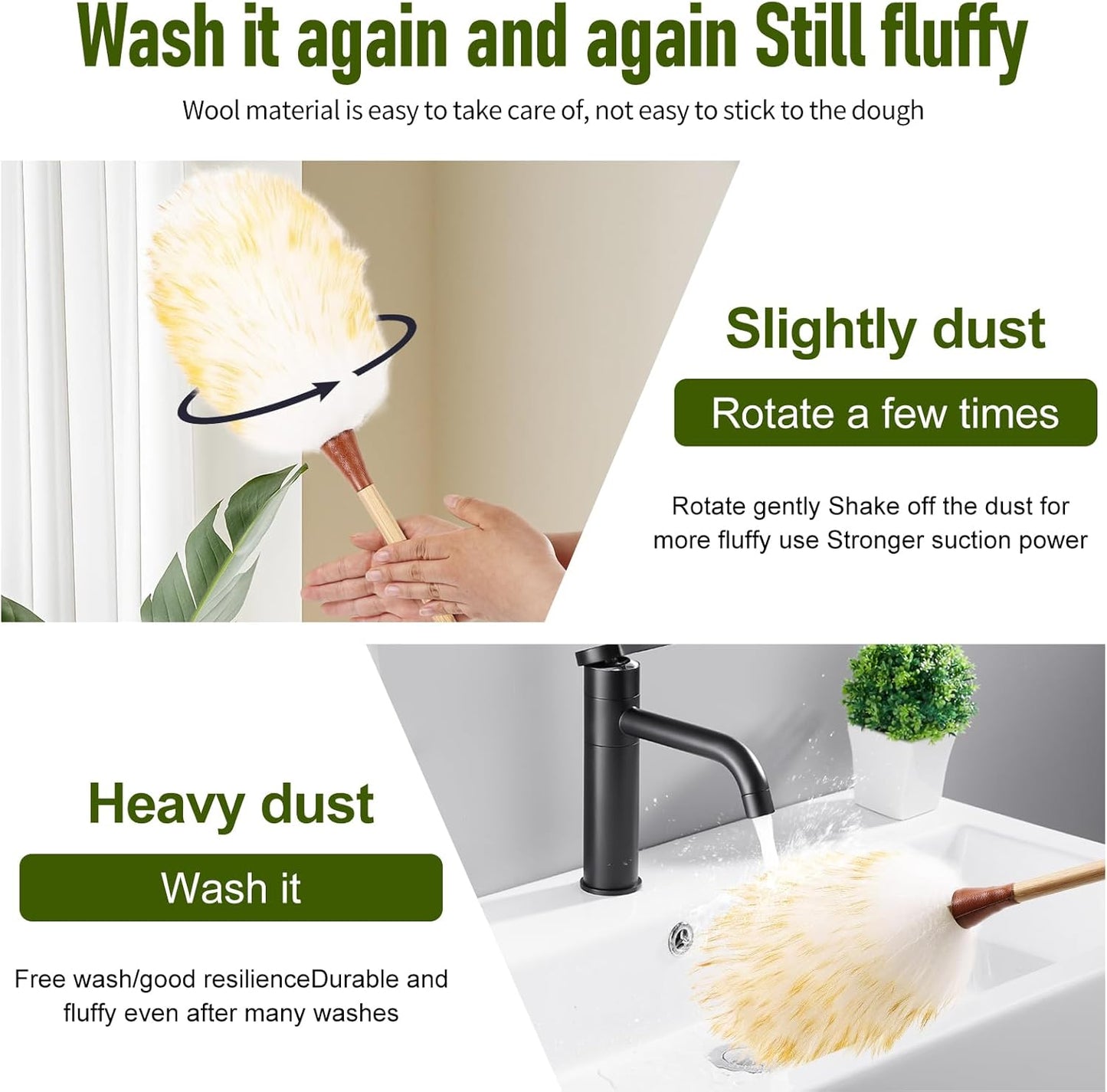 Natural Lambswool Duster 16 Inch Handheld with Wooden Handle Duster Dusting Tool for Blinds