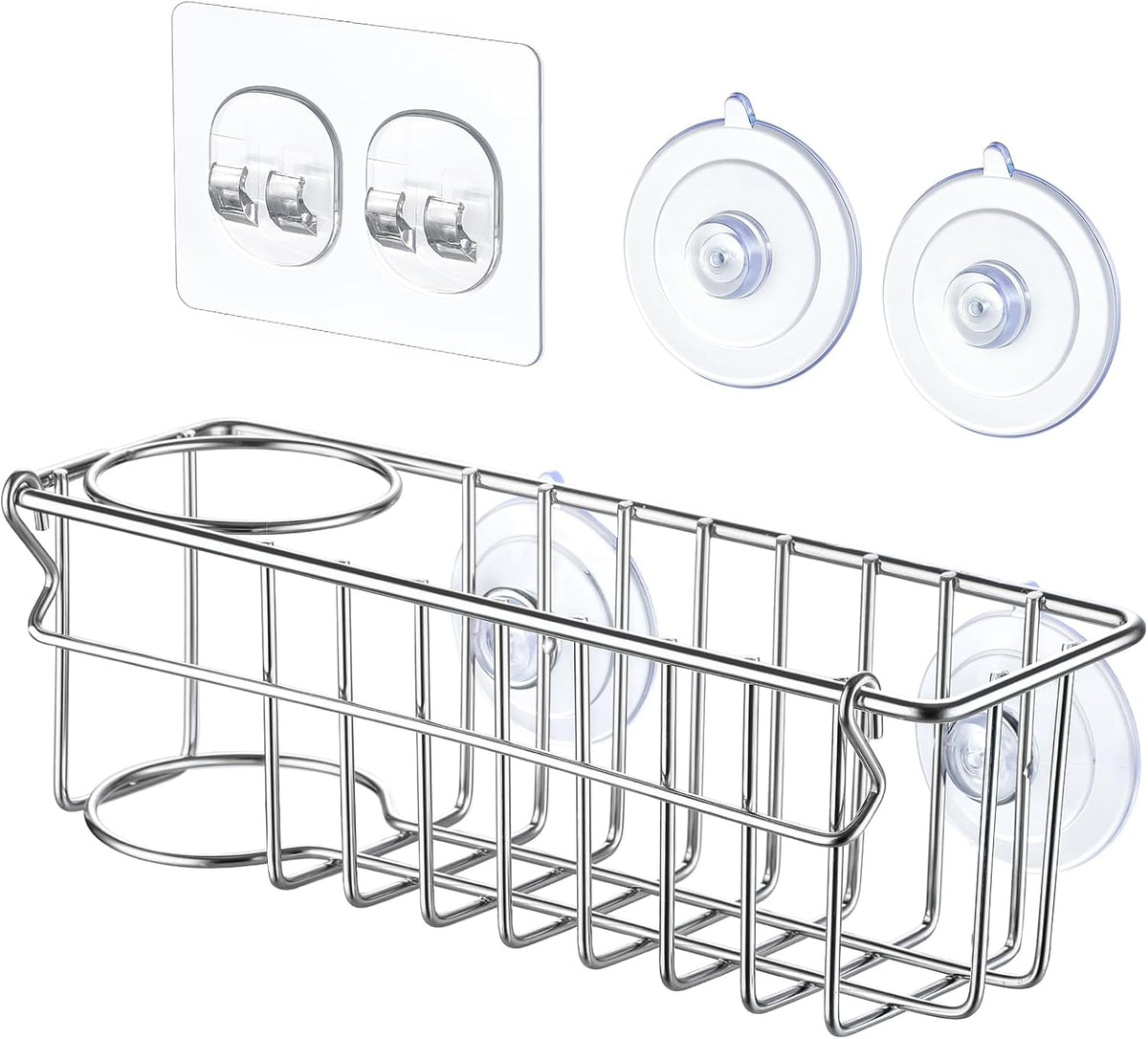 3-In-1 Sponge Holder for Kitchen Sink with Suction Cups & Adhesive Hook, In-sink Sponge Holder