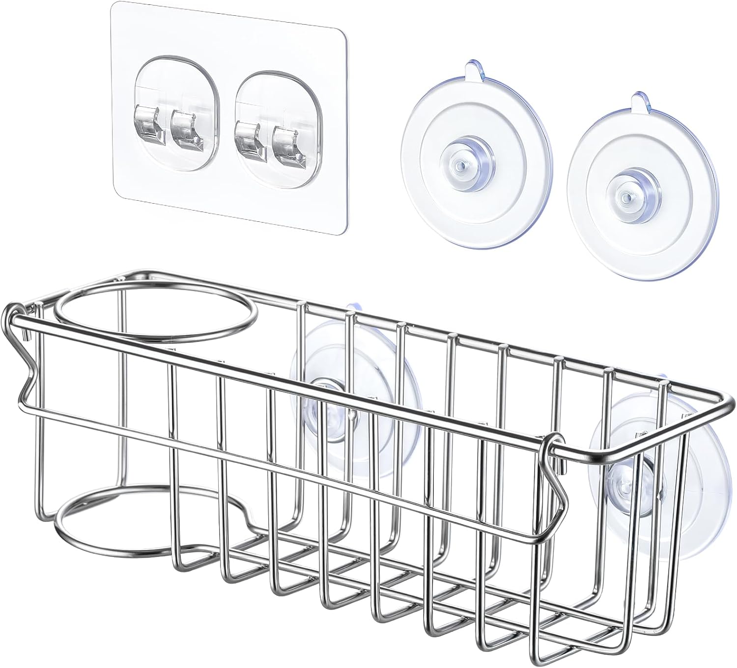 3-In-1 Sponge Holder for Kitchen Sink with Suction Cups & Adhesive Hook, In-sink Sponge Holder