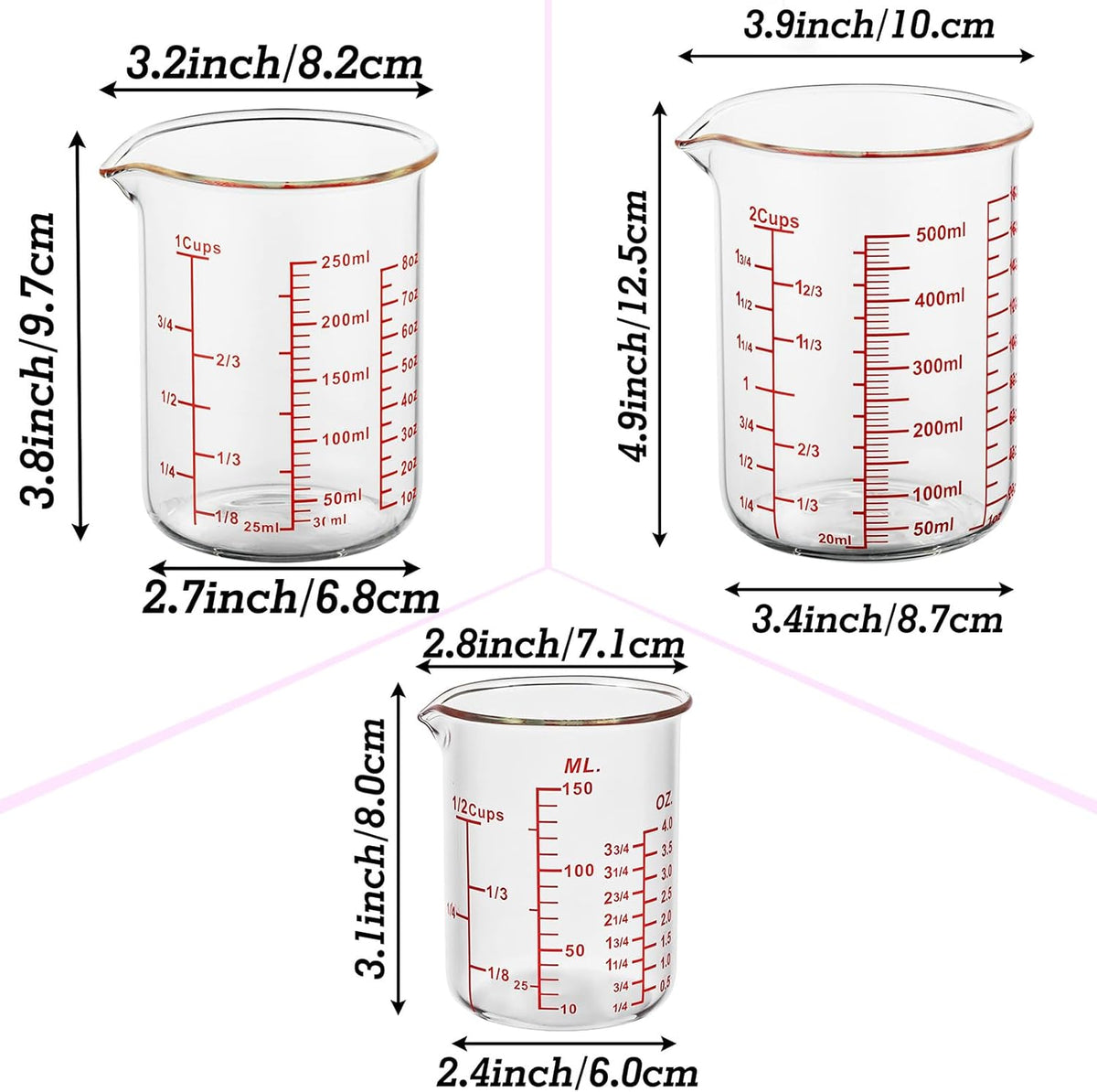 3 Piece Glass Measuring Cup Set, Includes 1/2-Cup, 1-Cup, and 2-Cup High Borosilicate Glasss Liquid