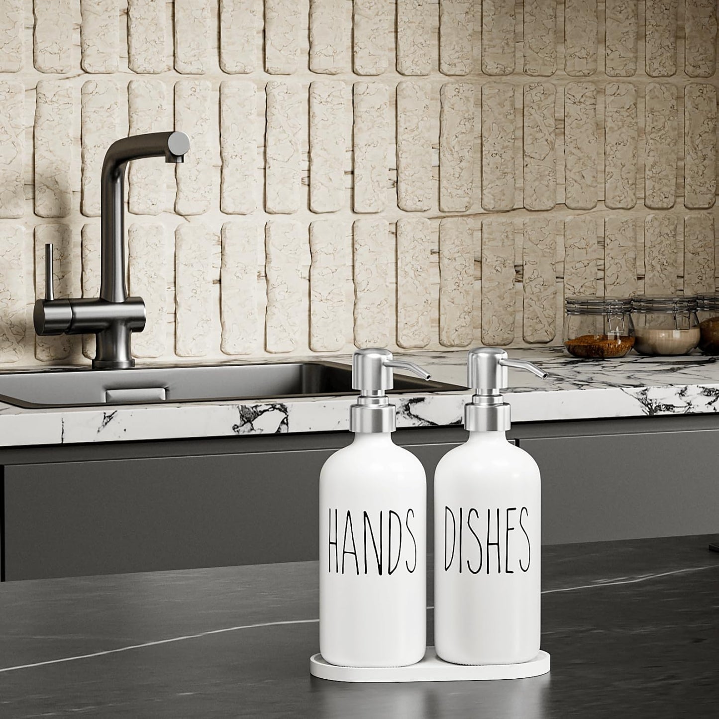 MOMEEMO Soap Dispenser for Kitchen Sink, White Soap Dispenser with Silver Metal Pump, Suitable for