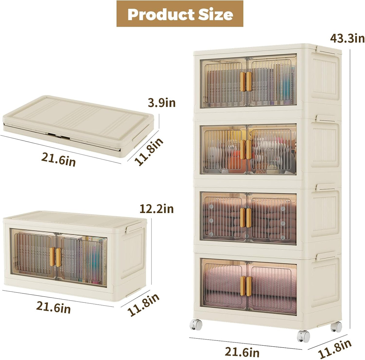 4 Tier Stackable Plastic Storage Bins with Lids 48QT, Collapsible Closet Organizers and Storage