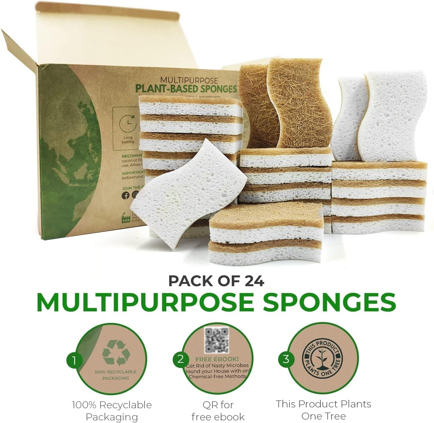 Biodegradable Natural Kitchen Sponge - Compostable Cellulose and Coconut Walnut Scrubber Sponge (24