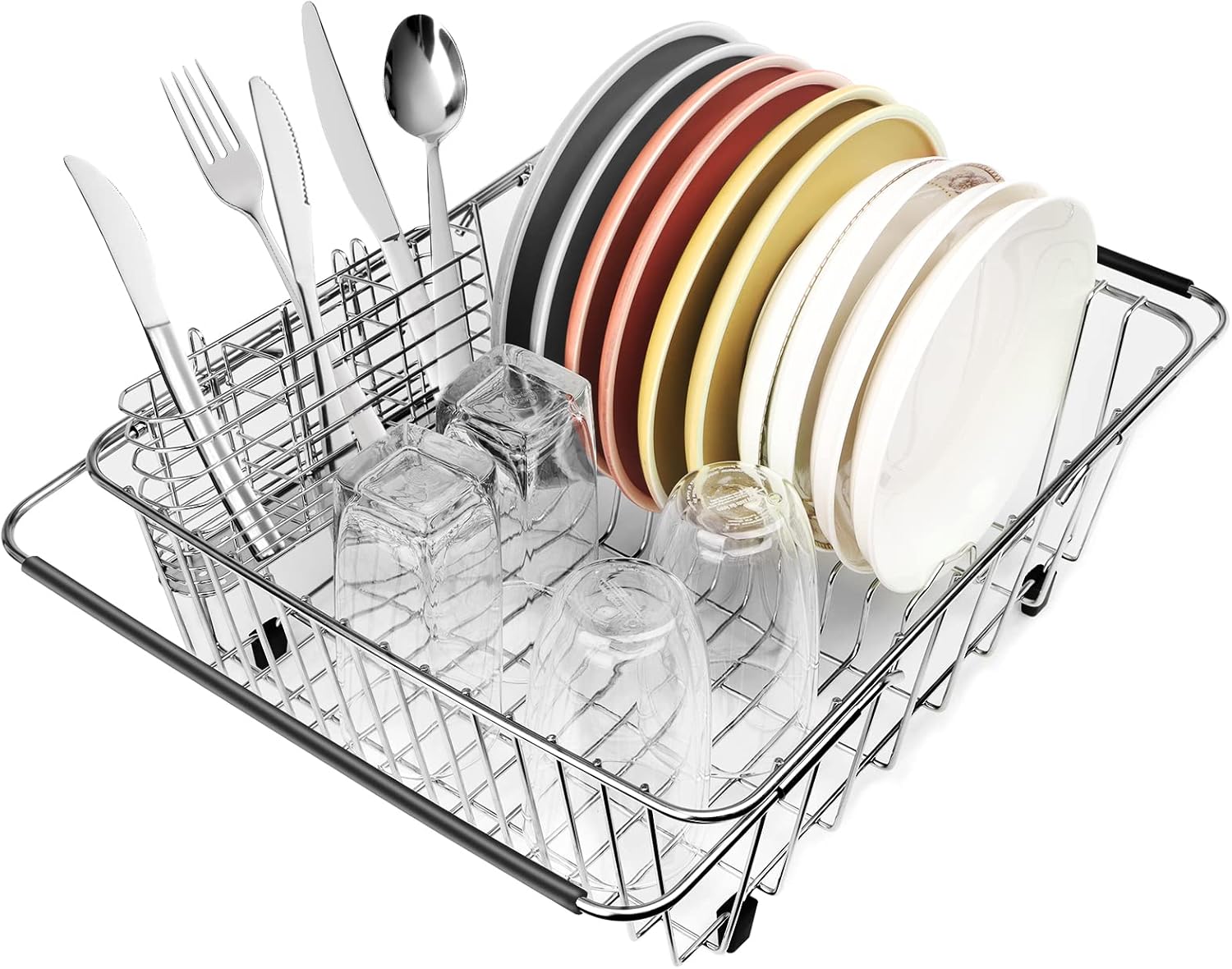 Sink Dish Drainer Rack, Expandable 304 Stainless Steel Dish Drying Rack Organizer with Stainless