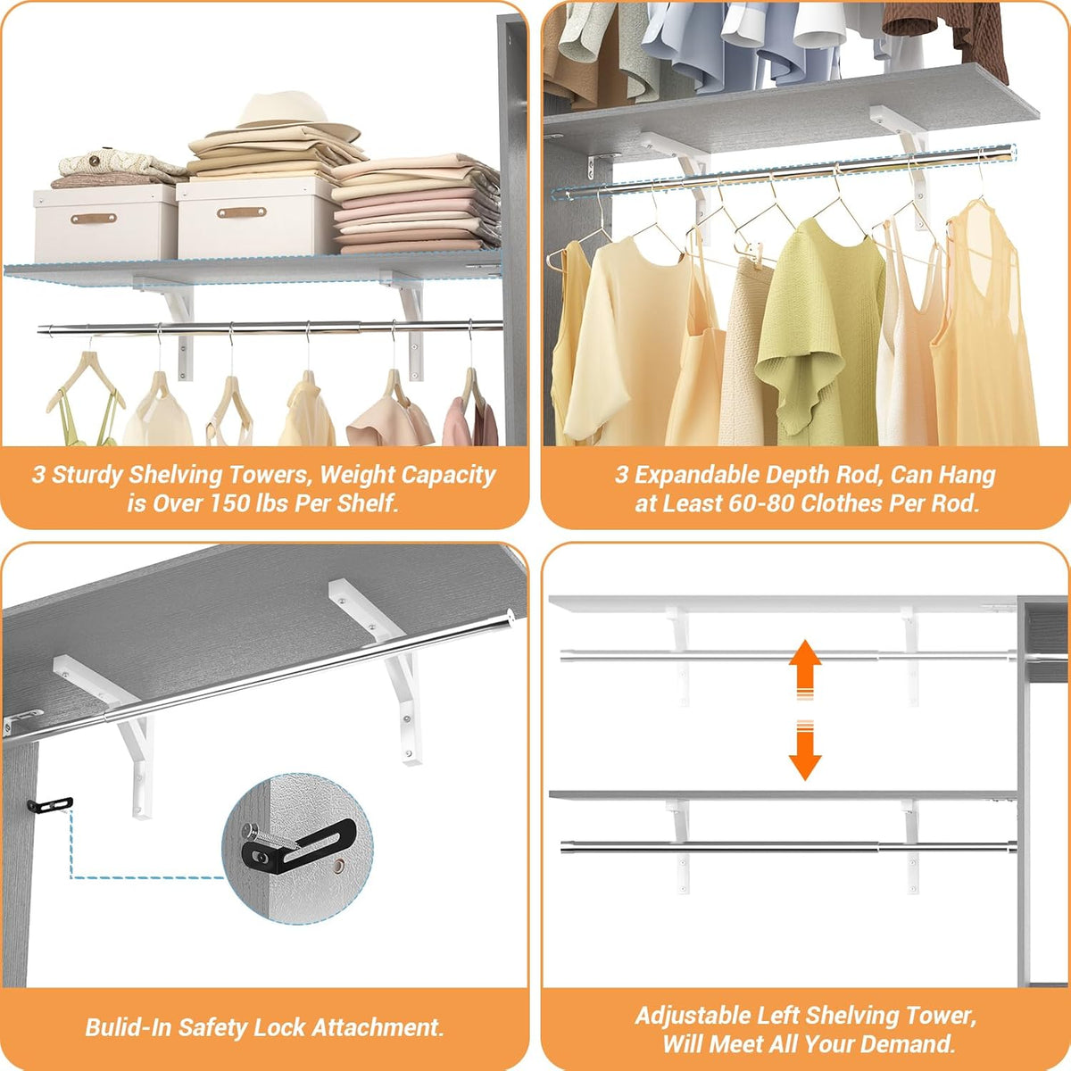 8FT Closet System with Shelves, 96'' Closet Organizer System with 3 Hanging Rods, Wall Mount