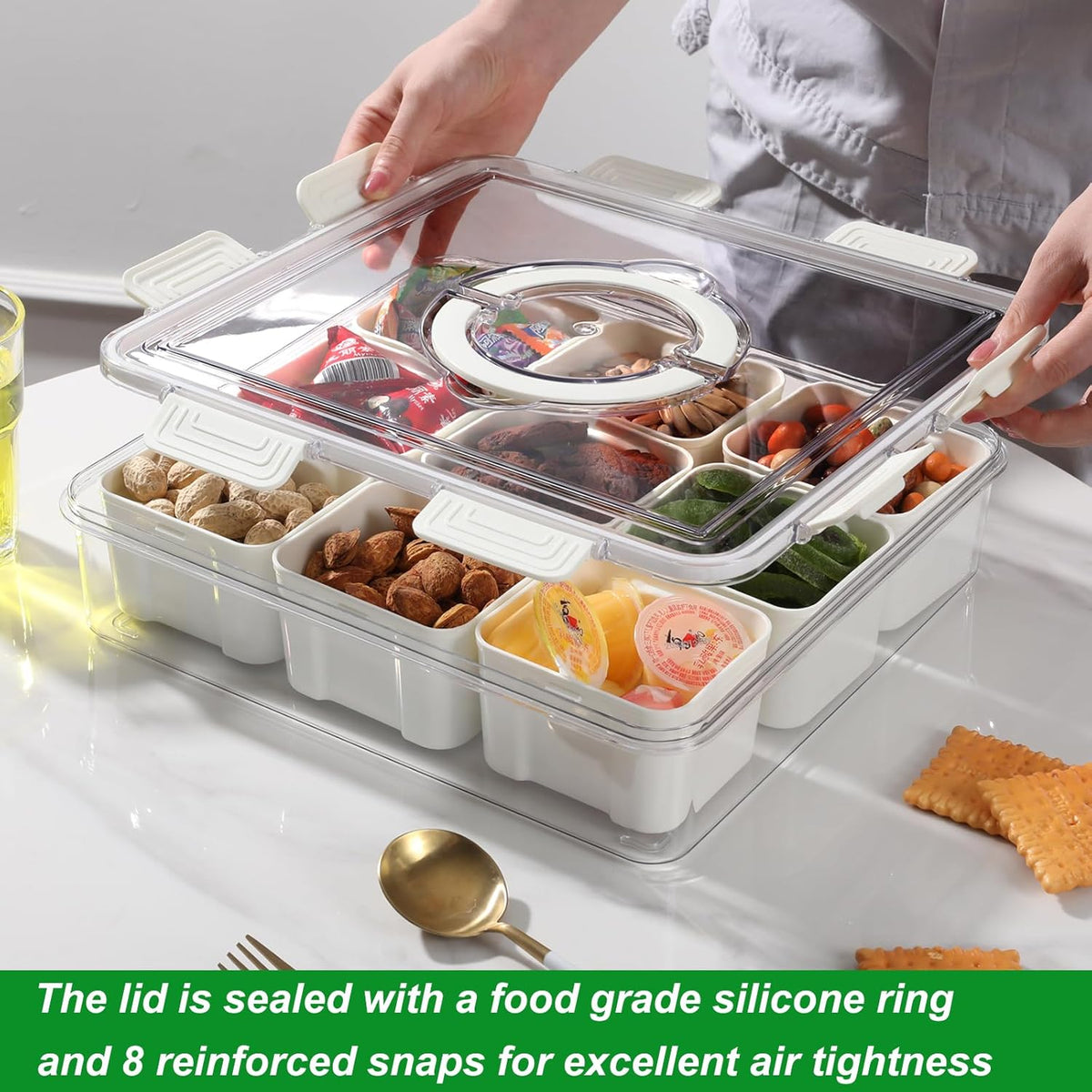 Taiuloo Divided Serving Tray with Lid & Handle, Airtight 9 Compartment Snackle Box Charcuterie