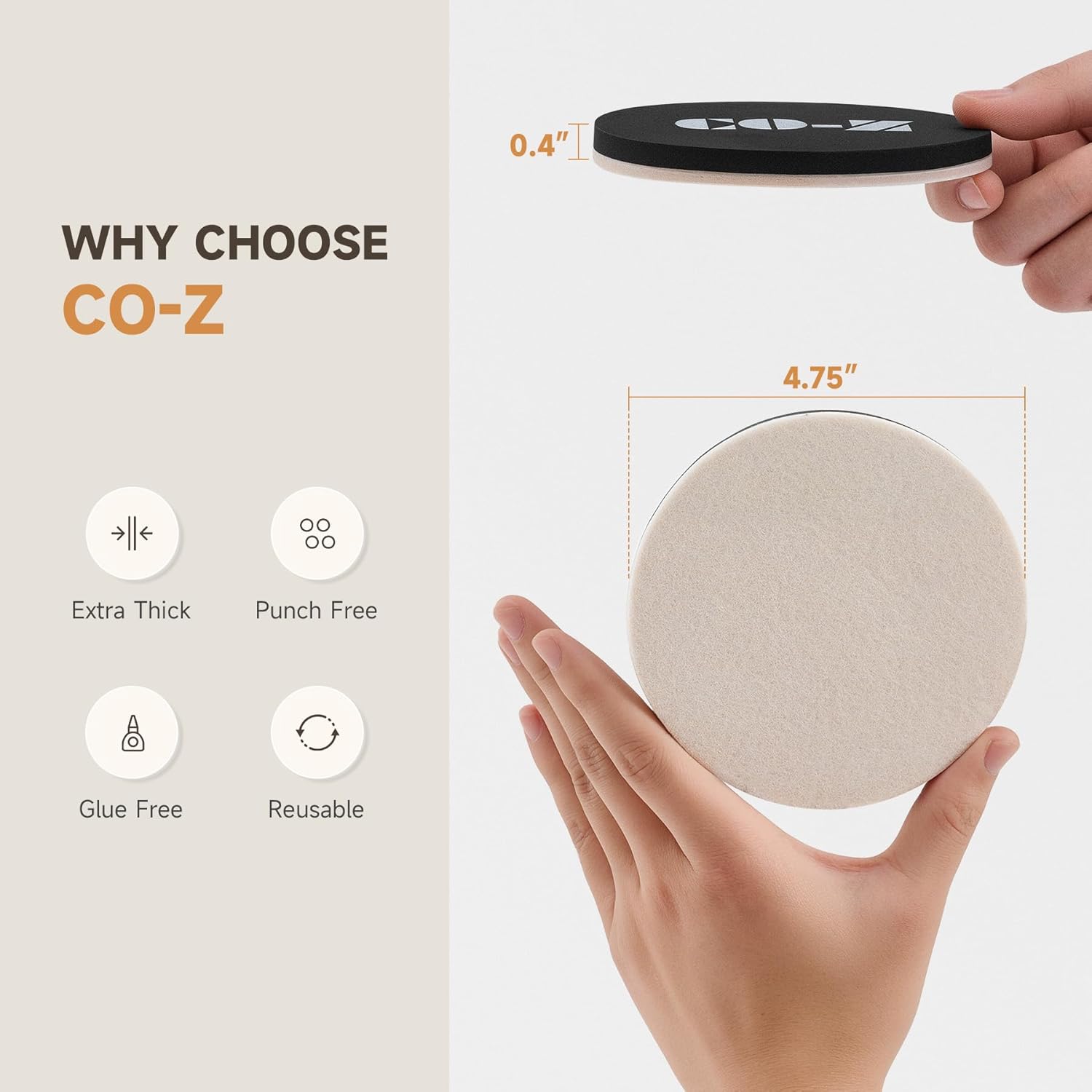 CO-Z 8pcs Felt Furniture Sliders for Hardwood Floors, 4 3/4 in Reusable Furniture Pads, Heavy